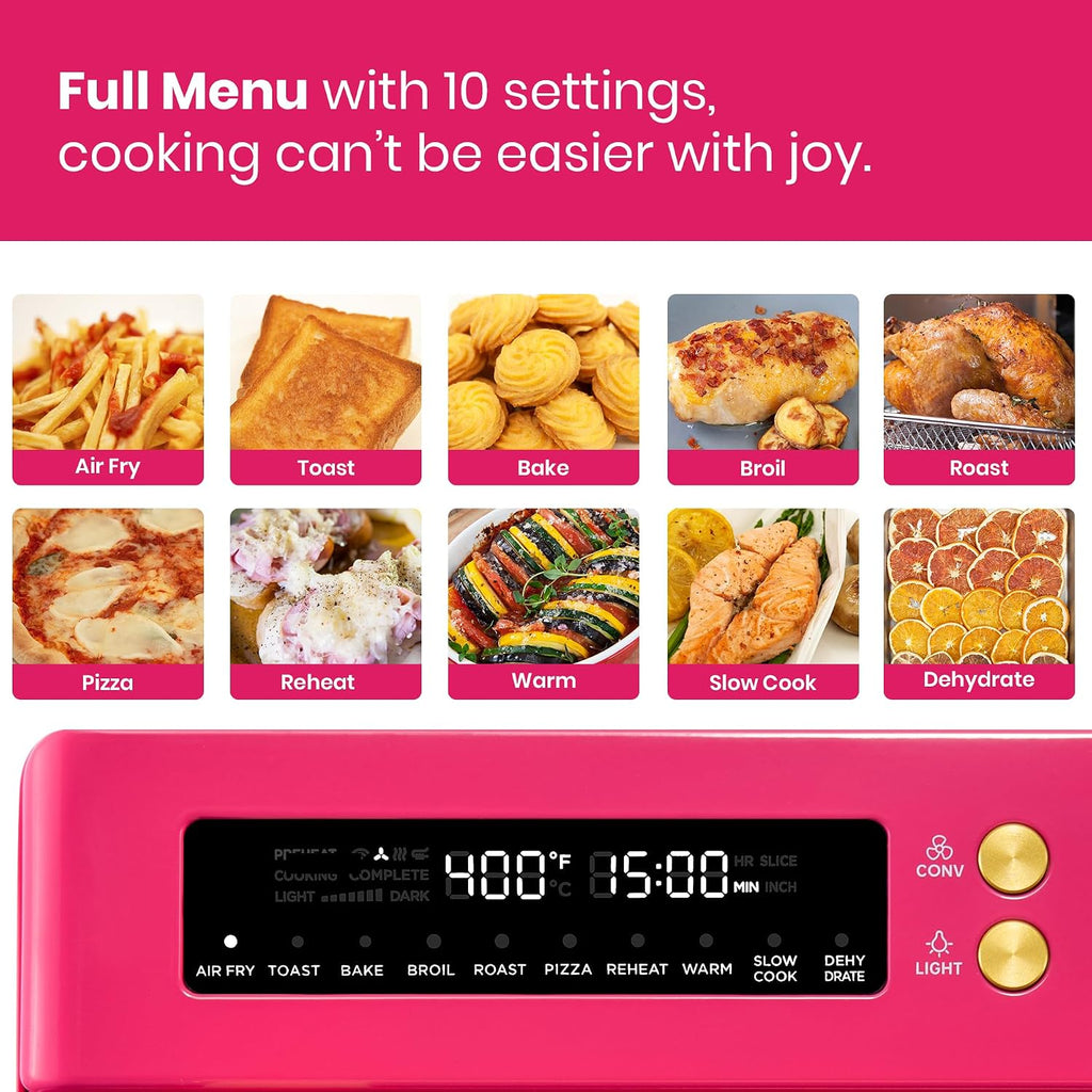 VAL CUCINA Limited Edition Happy Pink Infrared Heating Air Fryer Toaster Oven, Extra Large Countertop Convection Oven 10-in-1 Combo, 6-Slice Toast, Enamel Baking Pan Easy Clean with Recipe Book