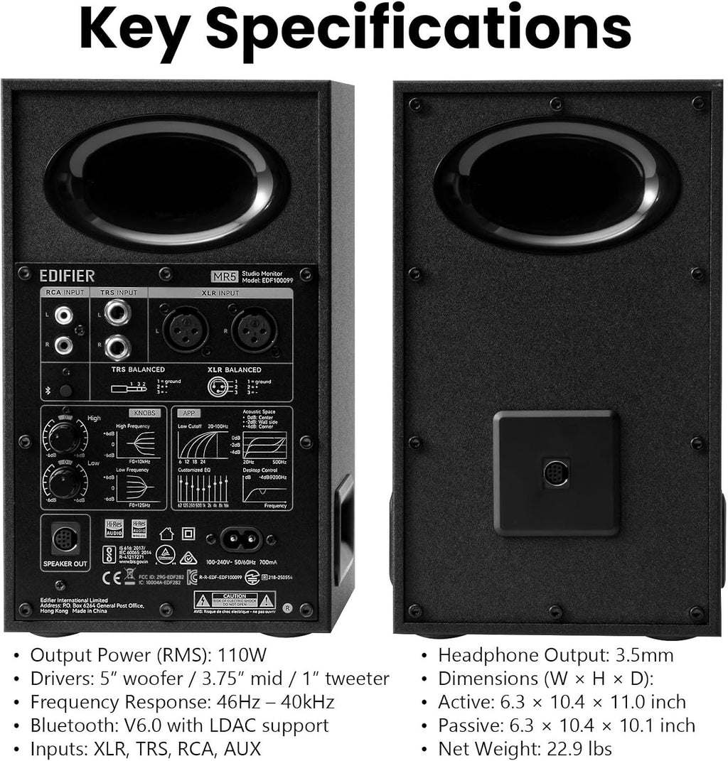 Edifier MR5 2.0 Studio Monitor Bookshelf Speakers, 110W(RMS), Hi-Res Audio, Bluetooth 6.0, 3-Way Active Design, Room Compensation, XLR/TRS/RCA Inputs, Compact Size for Home Studio & Music - Black