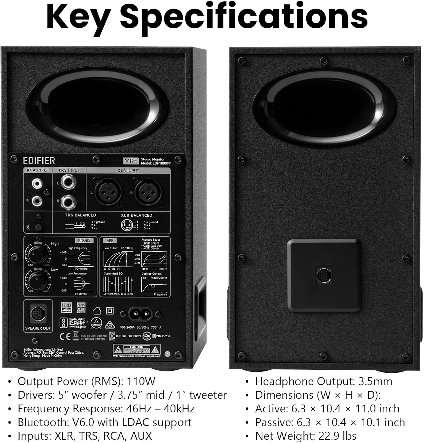 Edifier MR5 2.0 Studio Monitor Bookshelf Speakers, 110W(RMS), Hi-Res Audio, Bluetooth 6.0, 3-Way Active Design, Room Compensation, XLR/TRS/RCA Inputs, Compact Size for Home Studio & Music - Black