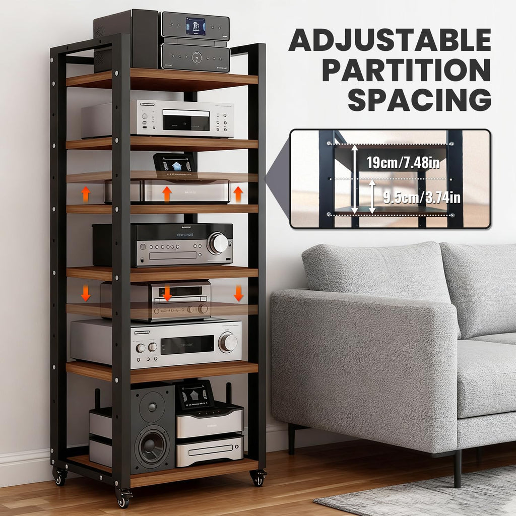 6-Tier AV Media Stand, Audio-Video Shelving with Wheels, Adjustable Media Console Cabinet, Modern Stereo Rack, Metal Media Shelf for Record Player, DVD, TV Box