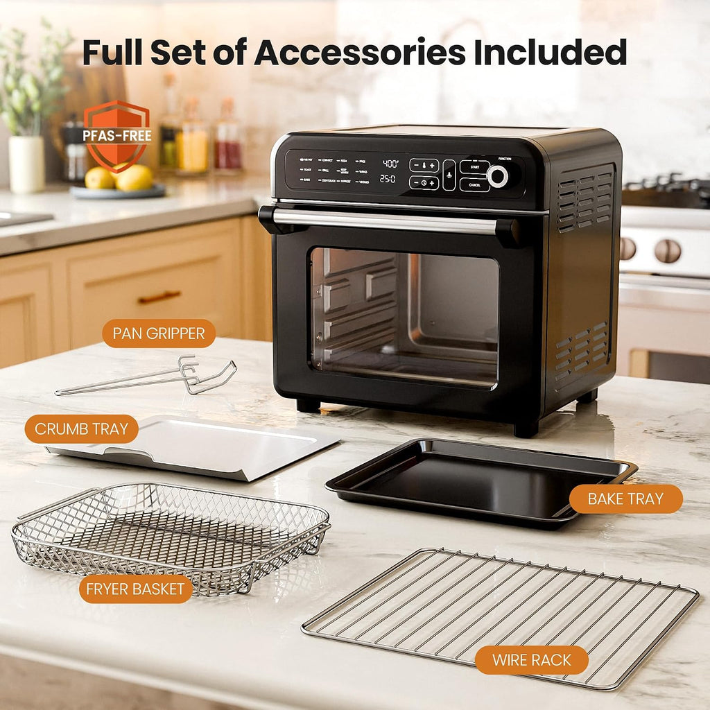 Kismile 18QT Air Fryer Toaster Oven Combo, 12-in-1 Countertop Convection Airfryer Oven, Adjustable 70–450℉ Temperature, Bake, Reheat & Broil, Fits 8-10″ Pizza, Complete Accessories Included, Black