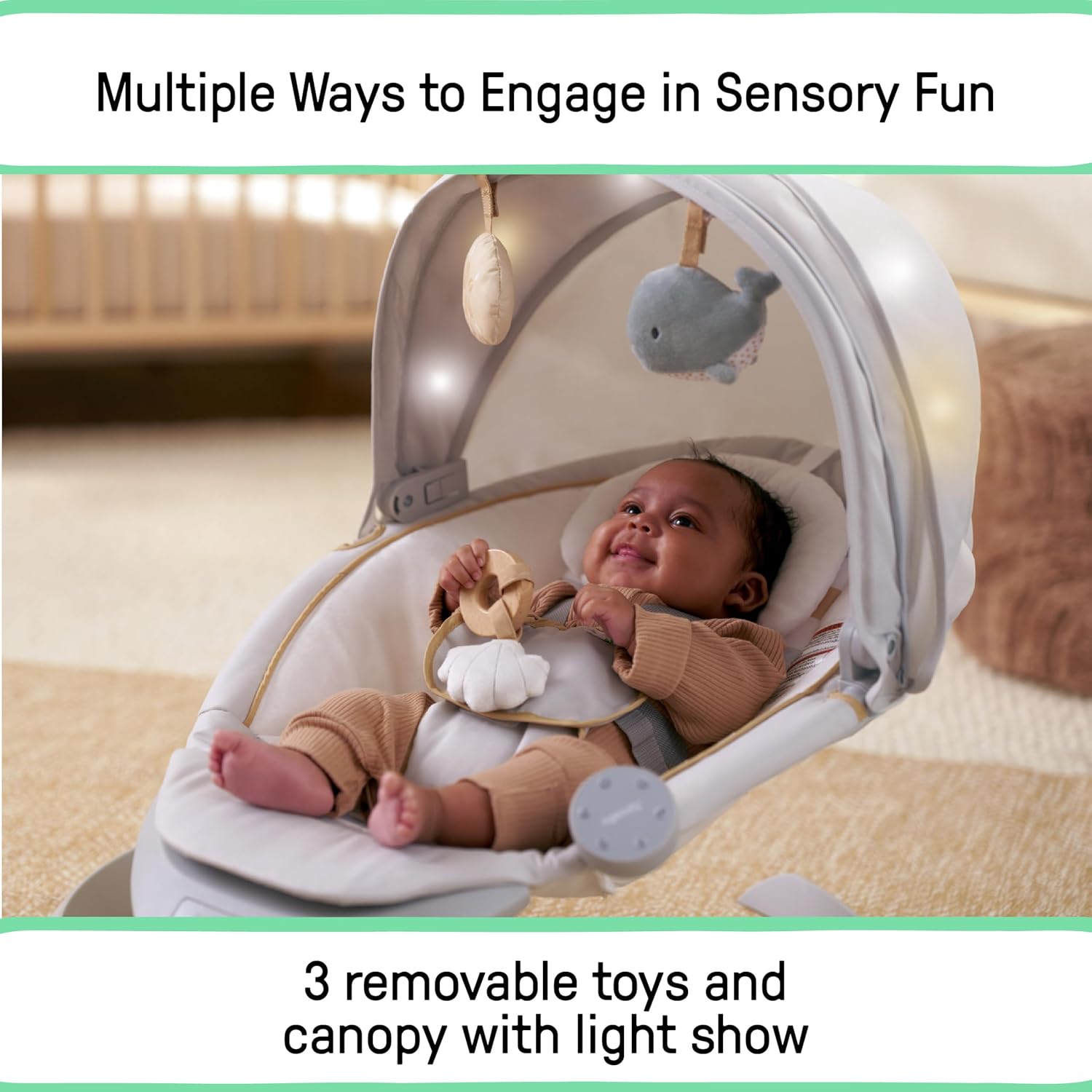 Ingenuity Inlighten Bounce & Sway Swing, Bluetooth Music, Canopy with Lights & Toys, Touch & Remote Controls, 3-in-1 Seat Modes, Machine Washable Pad, Ages 0+ Pebble Shore