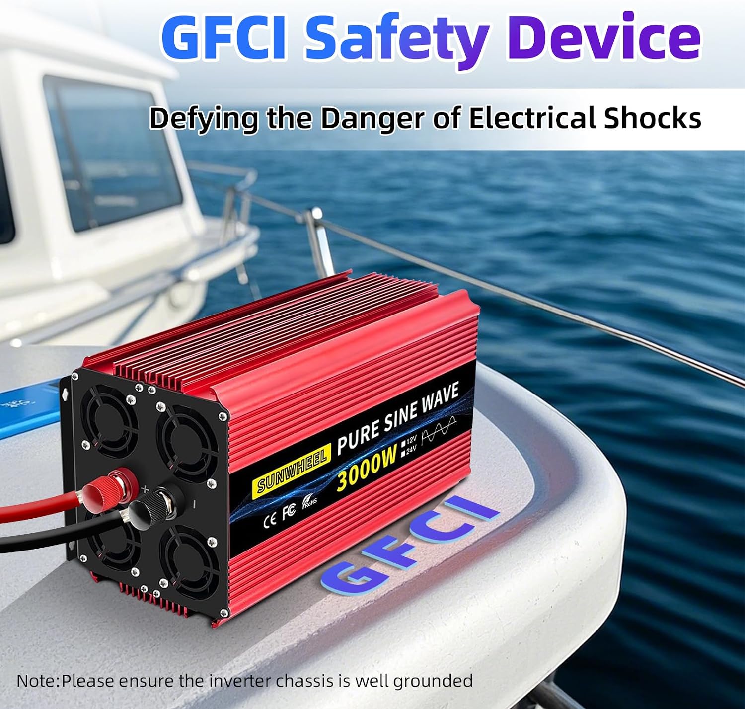 SUNWHEEL 3000W 24V Pure Sine Wave Inverter, 24V DC to 110V/120V AC Power Inverter for RV、Off Grid、Truck、Power Outage with 4 AC outlets and LCD Display