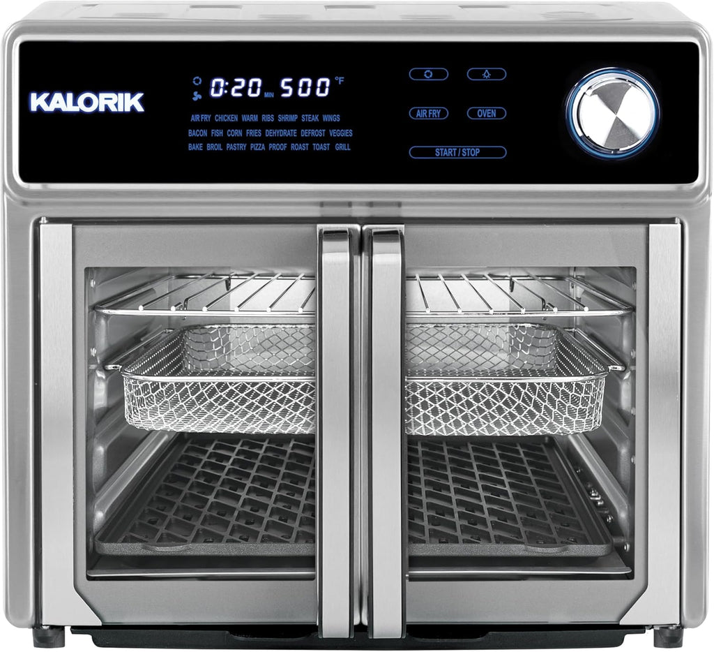 Kalorik Air Fryer Oven Grill MAXX Series 26-Quart with Smokeless Sear Technology Digital Controls Easy-View Door and 22 Smart Cooking Presets, Includes Cooking Accessories, 1700-Watts, Stainless Steel