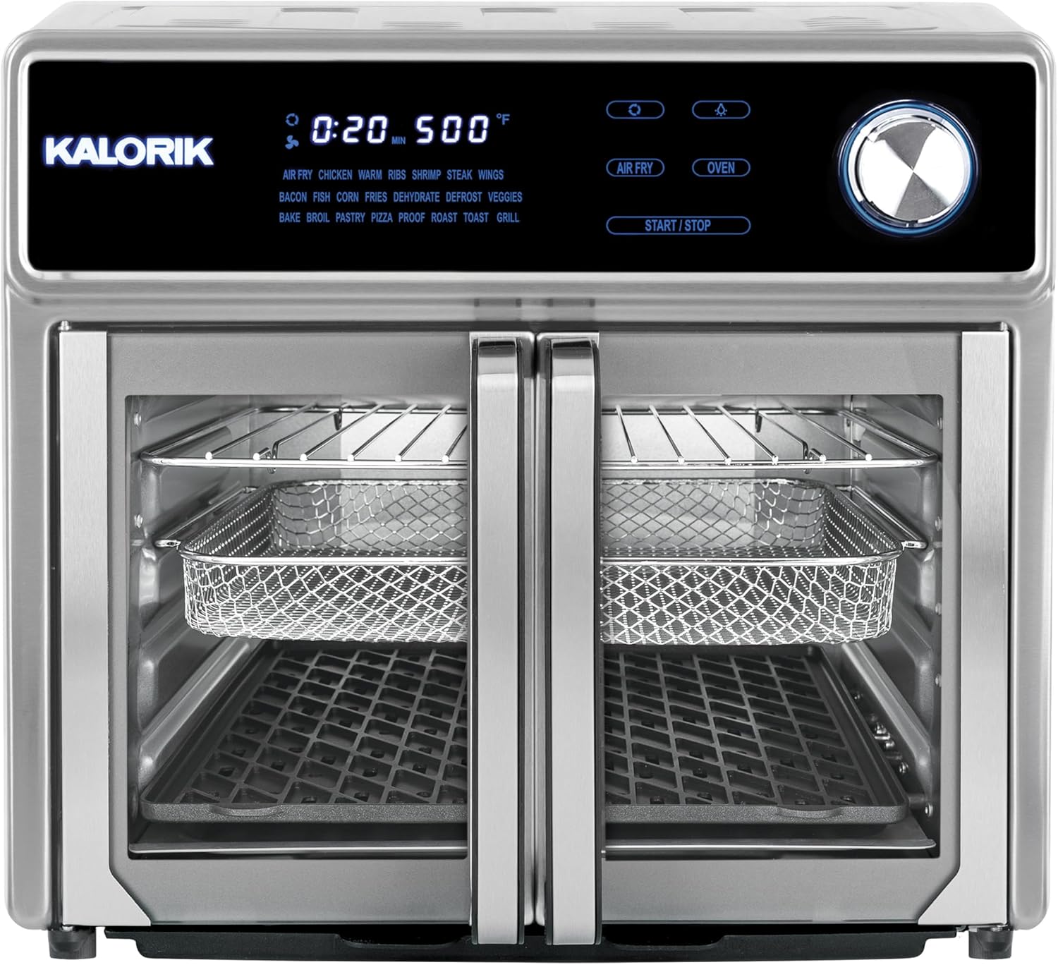 Kalorik Air Fryer Oven Grill MAXX Series 26-Quart with Smokeless Sear Technology Digital Controls Easy-View Door and 22 Smart Cooking Presets, Includes Cooking Accessories, 1700-Watts, Stainless Steel