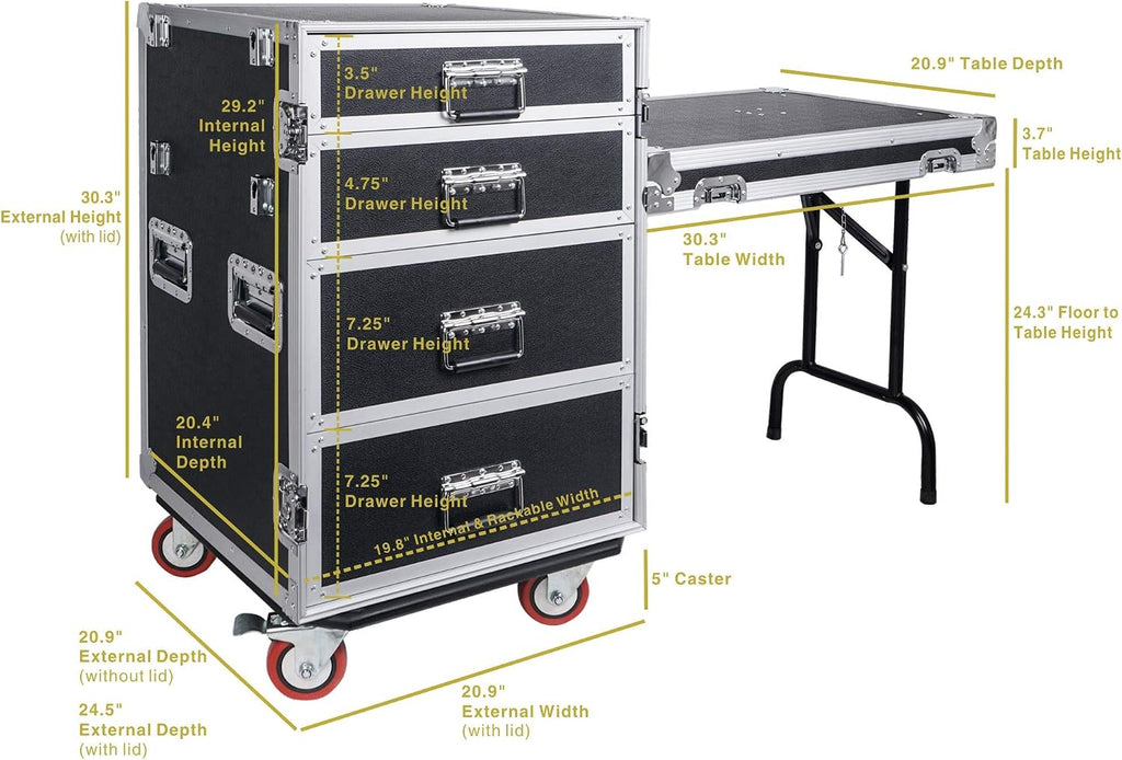 Sound Town Enhanced Thickness 1/2' (12mm) Plywood Road Case with 4-Drawer and Table for Customizable Stage and Studio Utility Equipment Storage, Pro Tour Grade (STRC-PROWT4D)