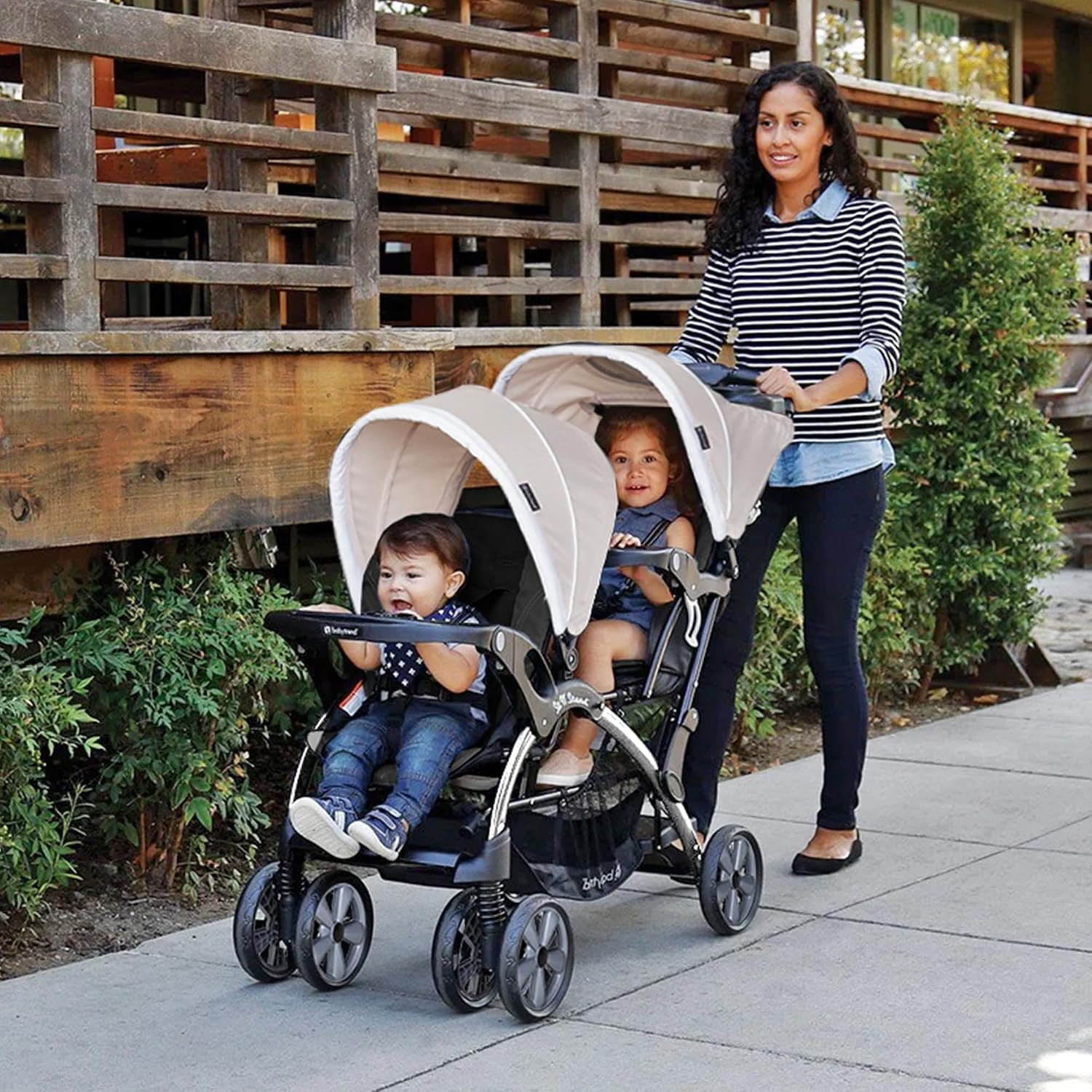 Baby Trend Double Infant and Toddler Stroller w/ Harness and Basket, Sit N' Stand, Khaki