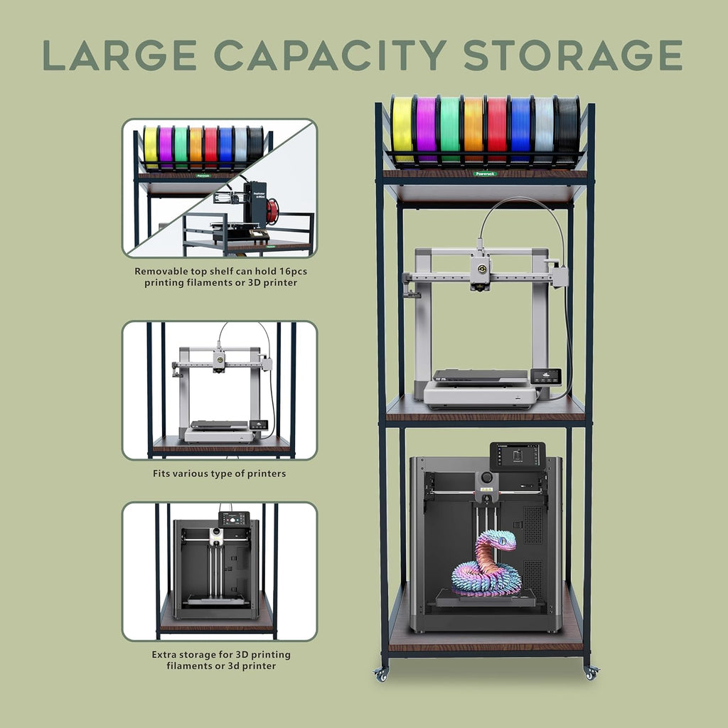 PT2 Ultimate Large 3D Printer Storage Solution, Heavy-Duty 3-Tier Stand & Filament Organizer Rack for Biggest Printers on Wheels