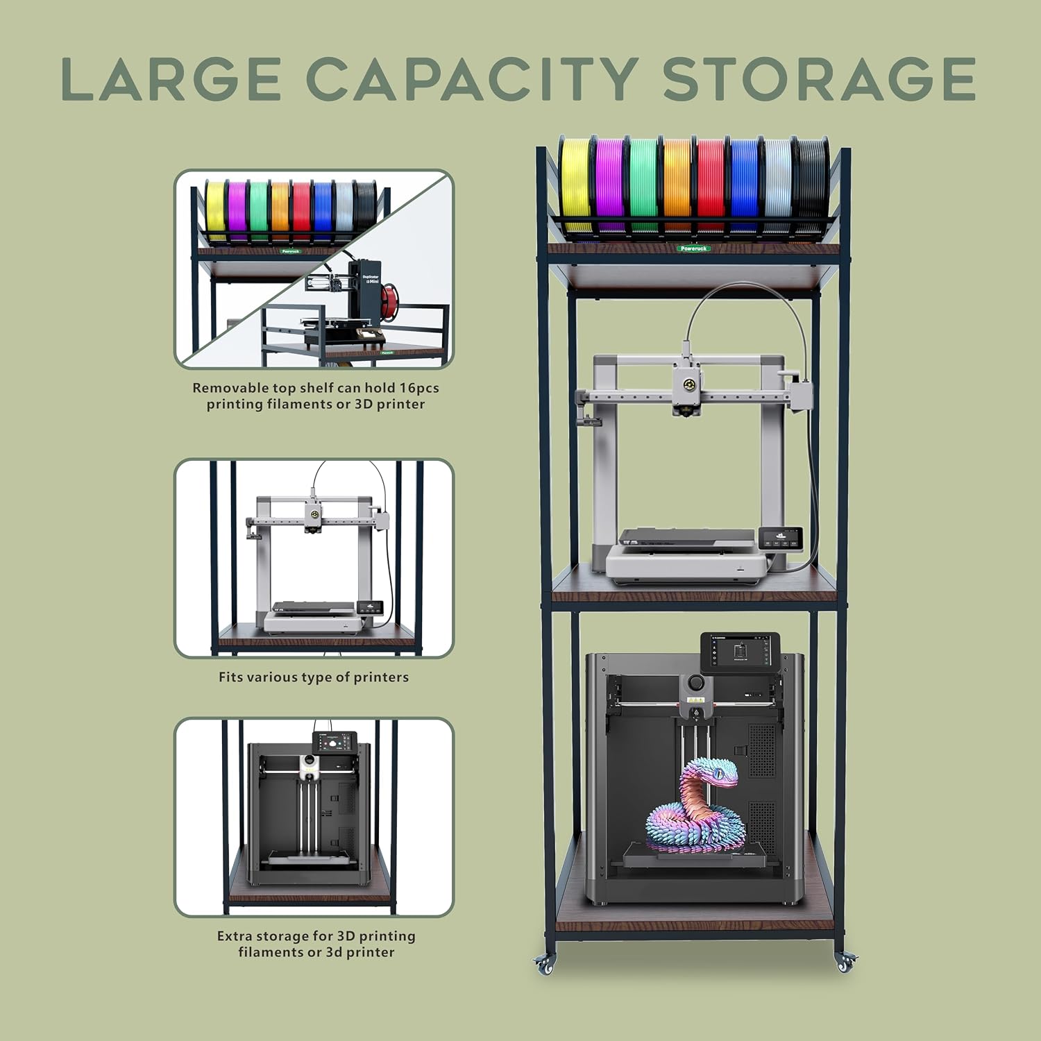 PT2 Ultimate Large 3D Printer Storage Solution, Heavy-Duty 3-Tier Stand & Filament Organizer Rack for Biggest Printers on Wheels