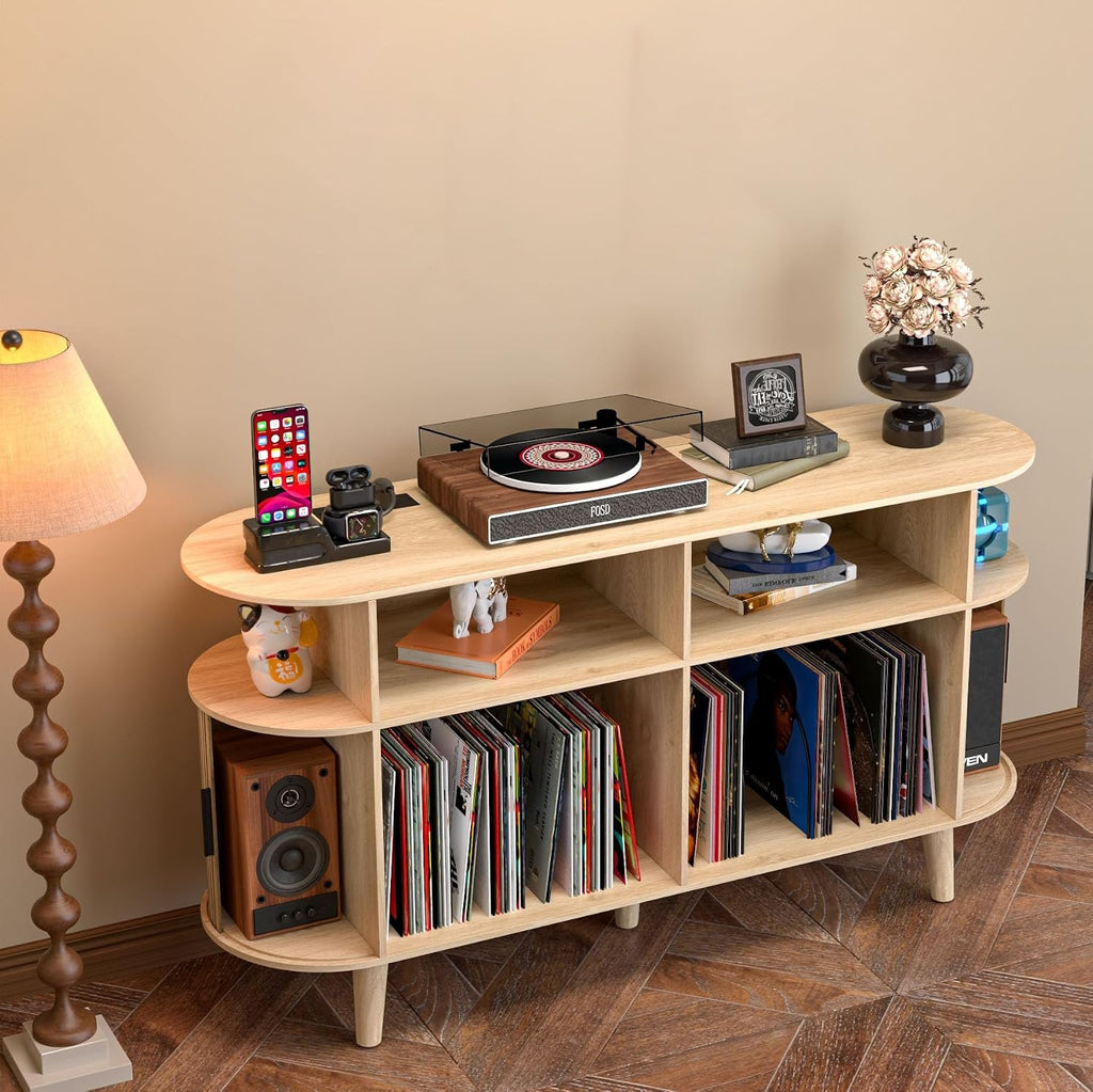 LUVIOHOME Large Round Record Player Stand with Charging Station & USB Ports，Record Storage Cabinet, Mid Century Modern Turntable Stand for Bedroom Living Room (Oak)