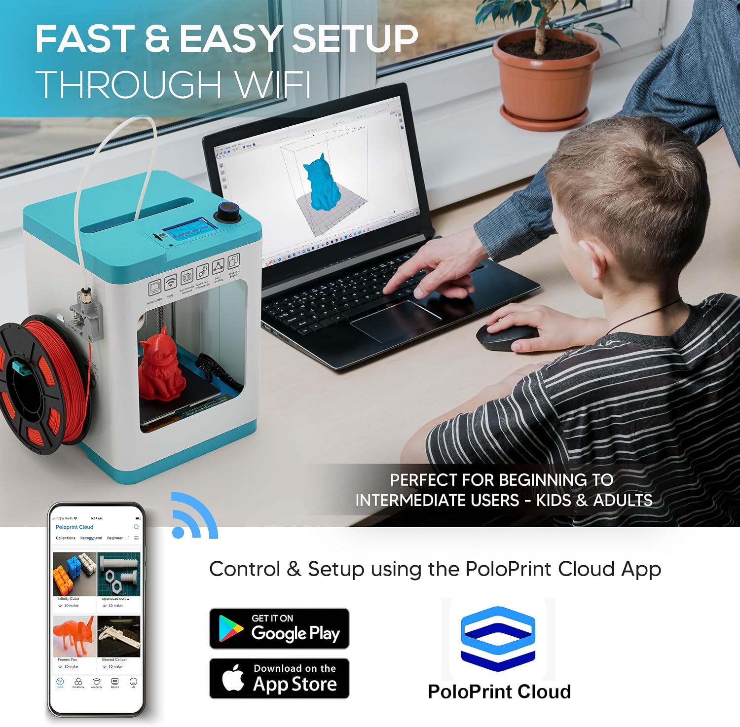 Fully Assembled Mini 3D Printer for Kids and Beginners, Complete Starter Kit, Auto Leveling 3D Printing Machine, PLA Filament, SD Card, WiFi, MAC Windows Linux (Blue (Upgraded Tina2 Plus Version))