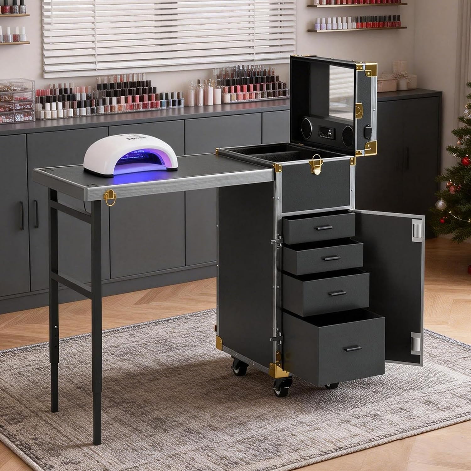 Icoget Portable Rolling Manicure Table for Nail Teach, Foldable Traveling Nail Desk w/Storage, Mobile Manicure Table w/Audio and Mirror, Makeup Train Case Cosmetic Trolley, Black
