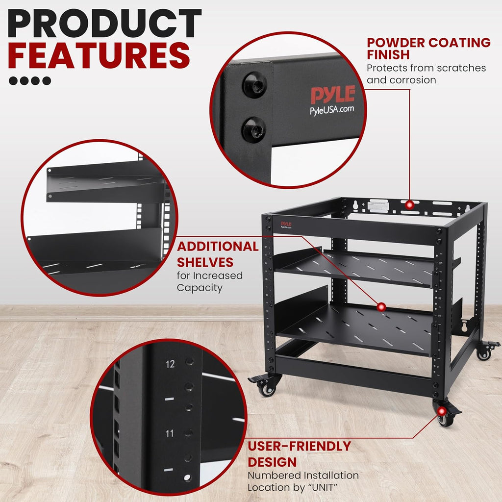 Pyle 10U Network Cabinet - Enclosed Wall Mount Server Rack w/Fan, Lockable Door, Heavy-Duty Wheels, Steel Construction, Vented Shelves, Easy Access, 19' Equipment Compatible, 20 x 20 x 17 in (Black)