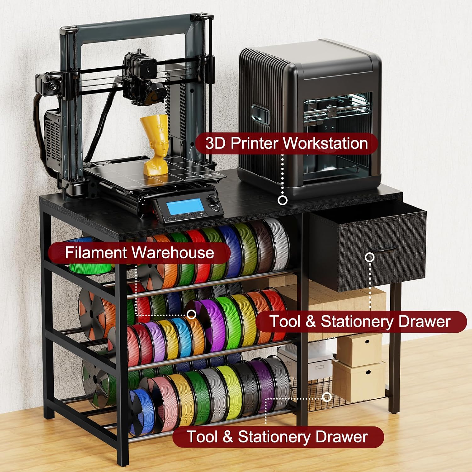 3D Printer Stand with Filament Storage Rack, Black 3D Printer Table with Power Outlet, 3-Tier Filament Holder with Drawer, 3D Printer Filament Stand Organized for Office Workshop Studio
