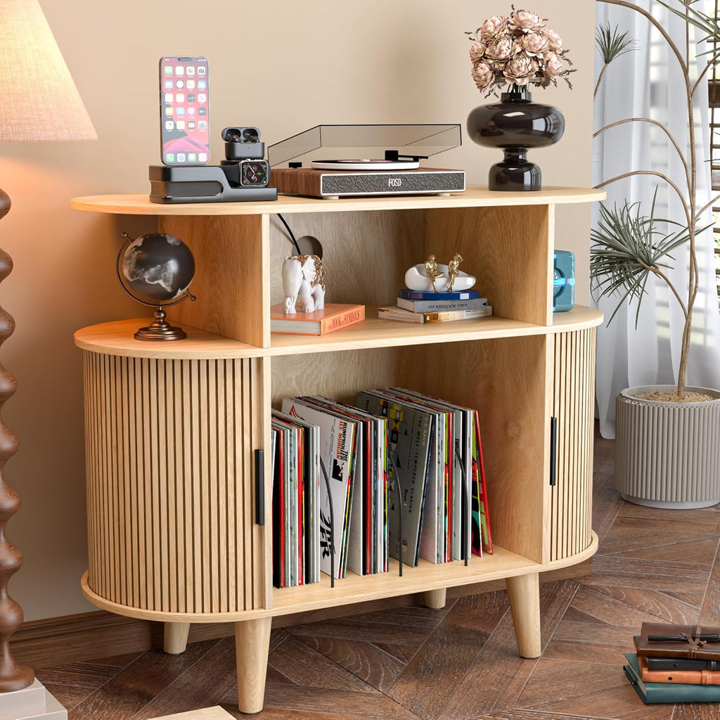 LUVIOHOME Large Round Record Player Stand with Charging Station & USB Ports，Record Storage Cabinet, Mid Century Modern Turntable Stand for Bedroom Living Room (Small Oak)