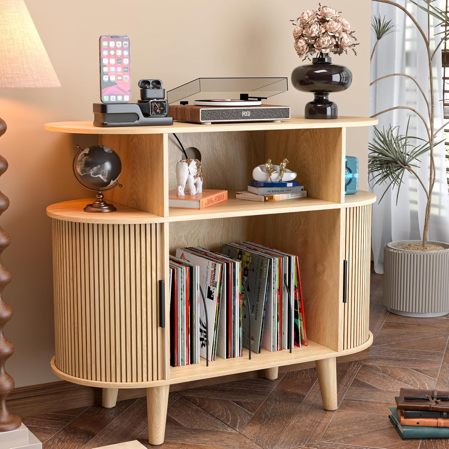 LUVIOHOME Large Round Record Player Stand with Charging Station & USB Ports，Record Storage Cabinet, Mid Century Modern Turntable Stand for Bedroom Living Room (Small Oak)