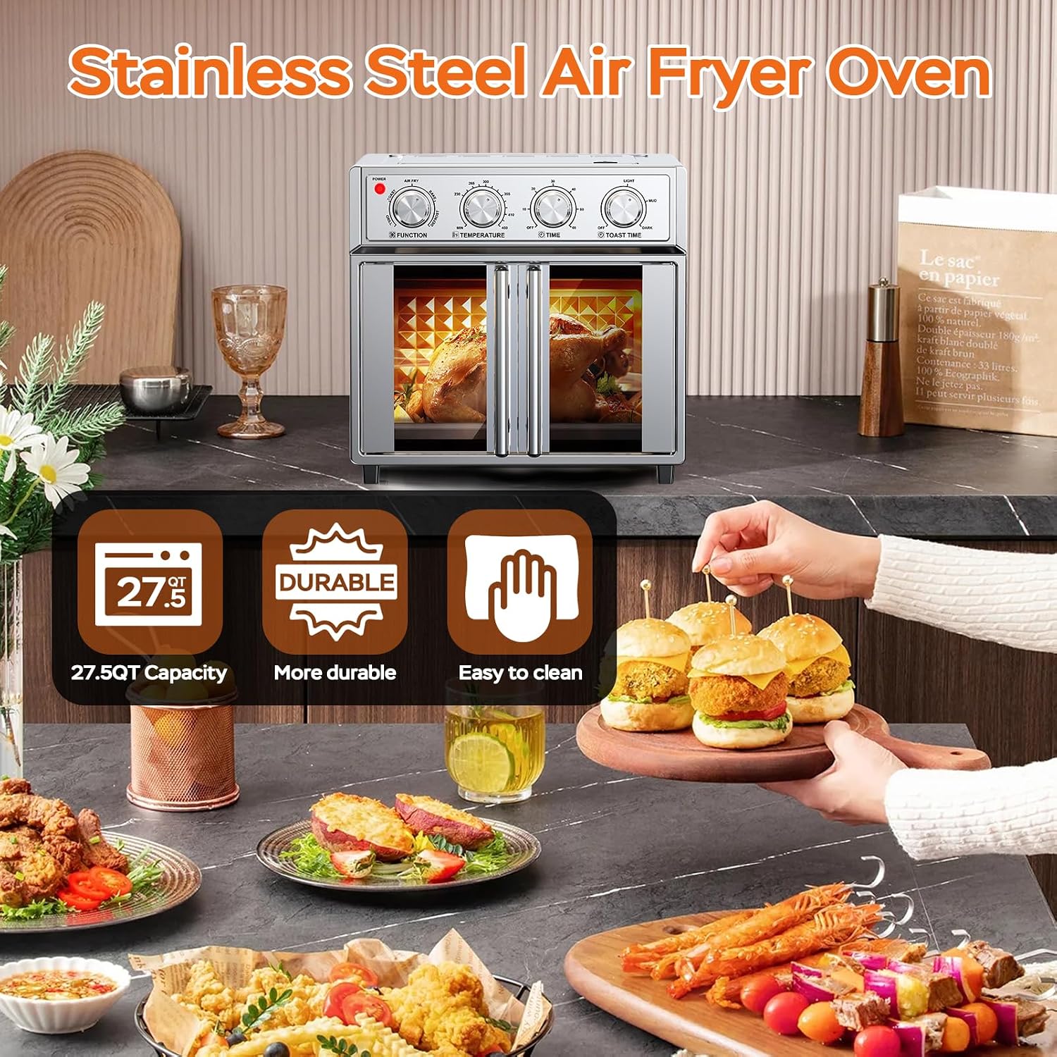 PlumChef 27.5QT Large Capacity Air Fryer Toaster Oven, French Double Door Convection Oven 1700W,7-in-1 Multifunctional with 7 Presets for Bake Roast Grill Toast Dehydrate Defrost, Stainless Steel