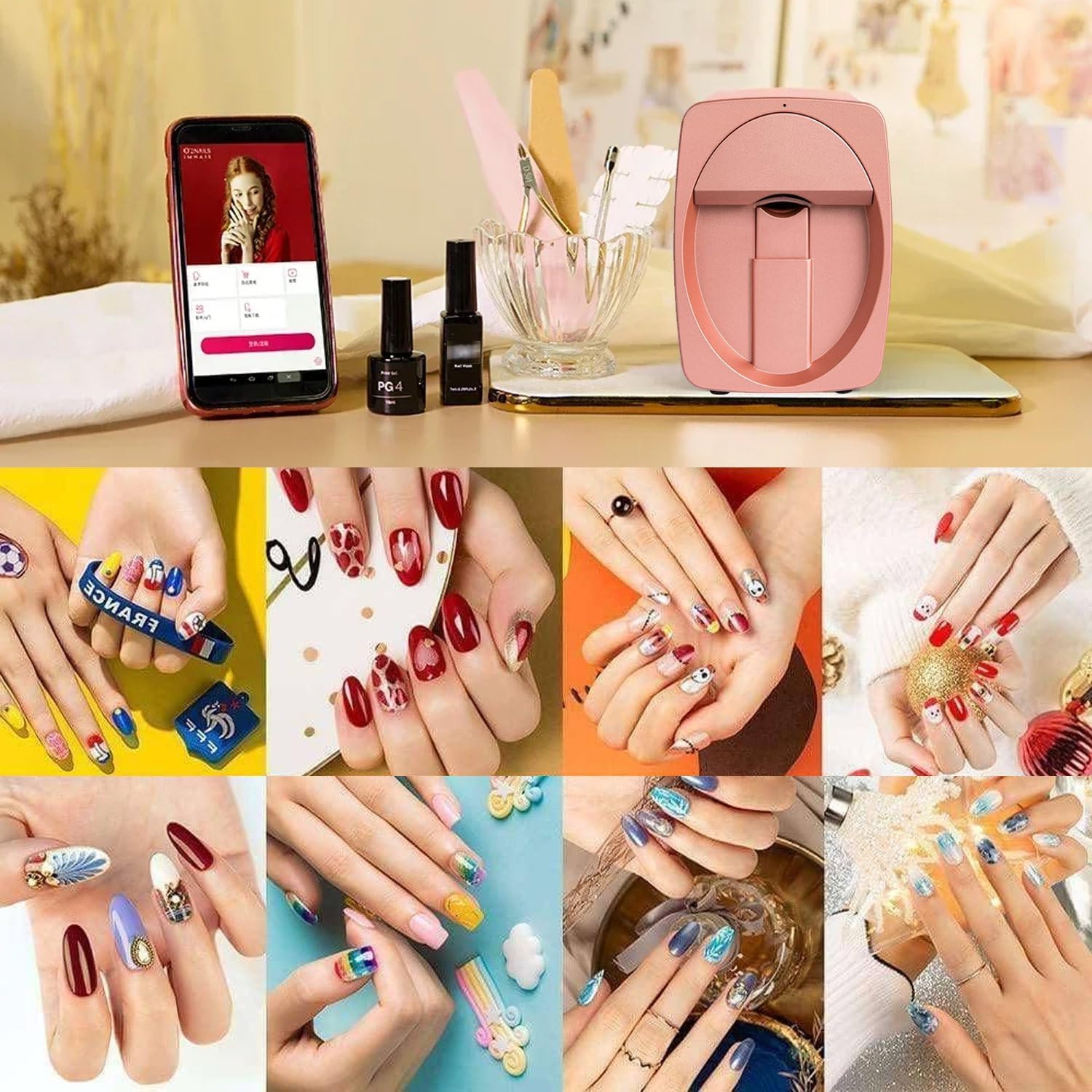 Intelligent 3D Nail Painting Machine, Digital Mobile Nail Art Printer, DIY Nail Printer Control Through Mobile App, Personalized Unique Nail Art, for Beauty & Personal Care for Girls' Home Nails,Roseg