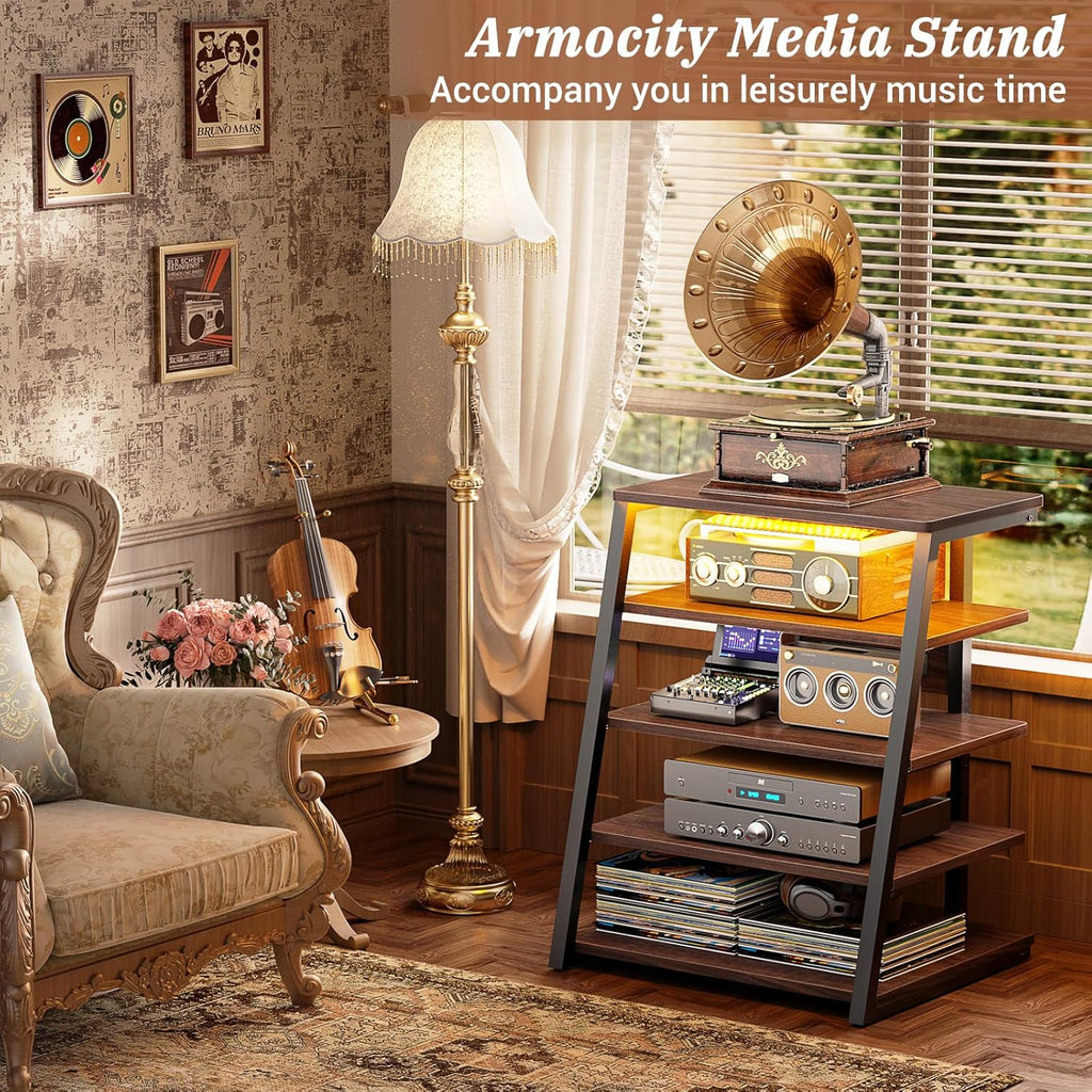 Armocity 5-Tier AV Media Stand with Power Strips, Media Console with LED Lights, Audio Tower Rack with Adjustable Shelves, Stereo Stands and Racks, 40.8'', Black Walnut