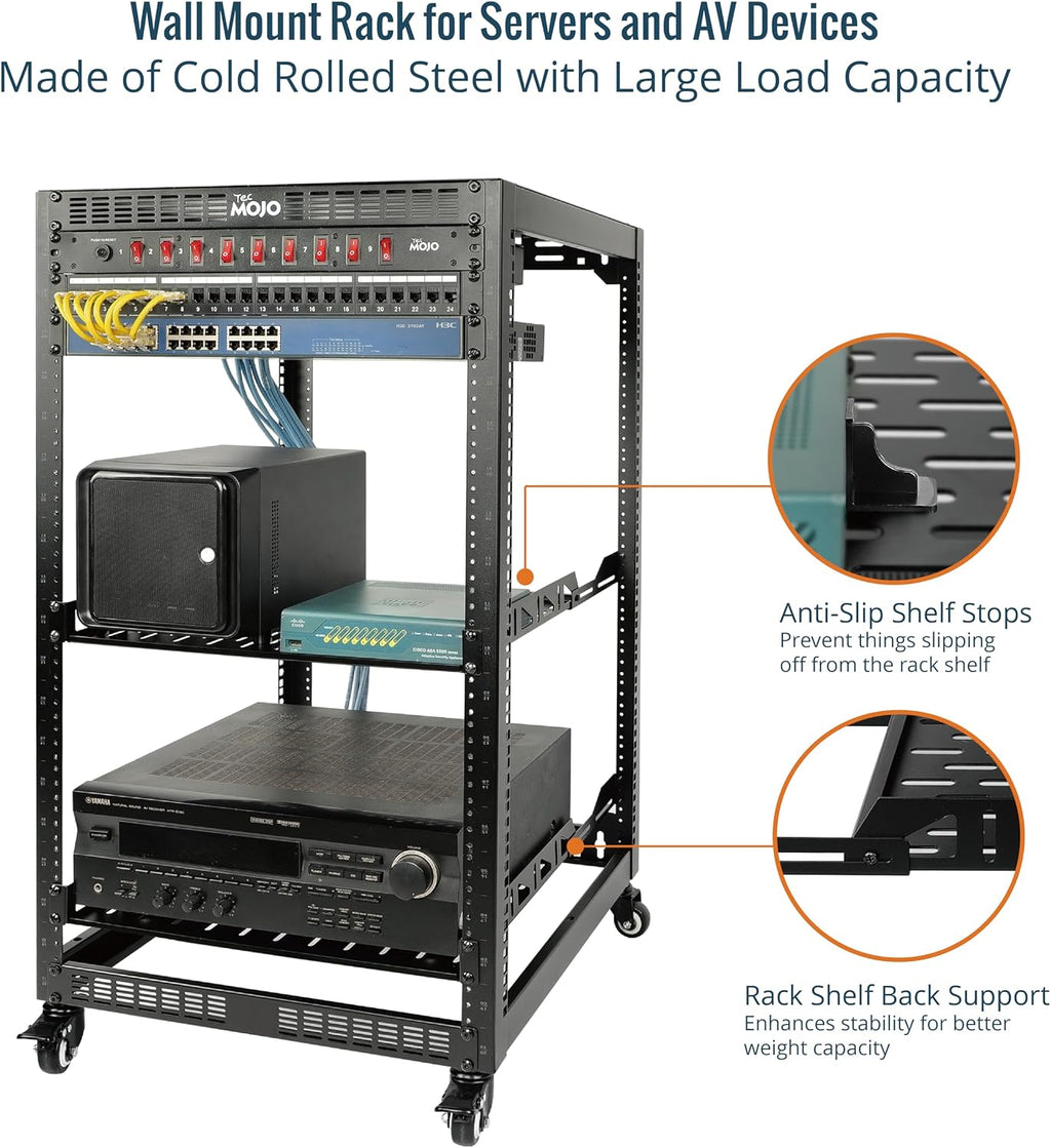 TECMOJO 20U Open Frame Network Rack for IT & AV Gear, 4-Post With Casters, Mobile With 2 PCS 1U Server Shelf & Mounting Hardware, for 19' Network, Audio and Video Device