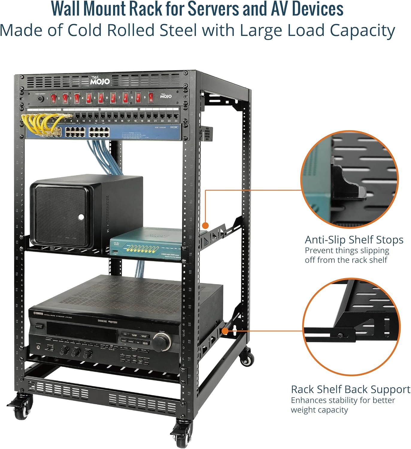 TECMOJO 20U Open Frame Network Rack for IT & AV Gear, 4-Post With Casters, Mobile With 2 PCS 1U Server Shelf & Mounting Hardware, for 19' Network, Audio and Video Device