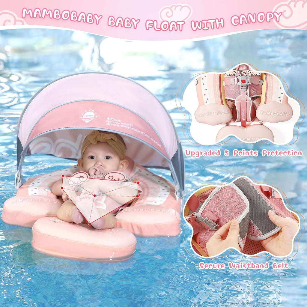 Mambobaby Baby Pool Float with Removable Sun Canopy - Non Inflatable Infant Swim Float with Anti-Flip Tail Design, Waterproof & Skin-Friendly Baby Float for Swimming (3-24 Months)