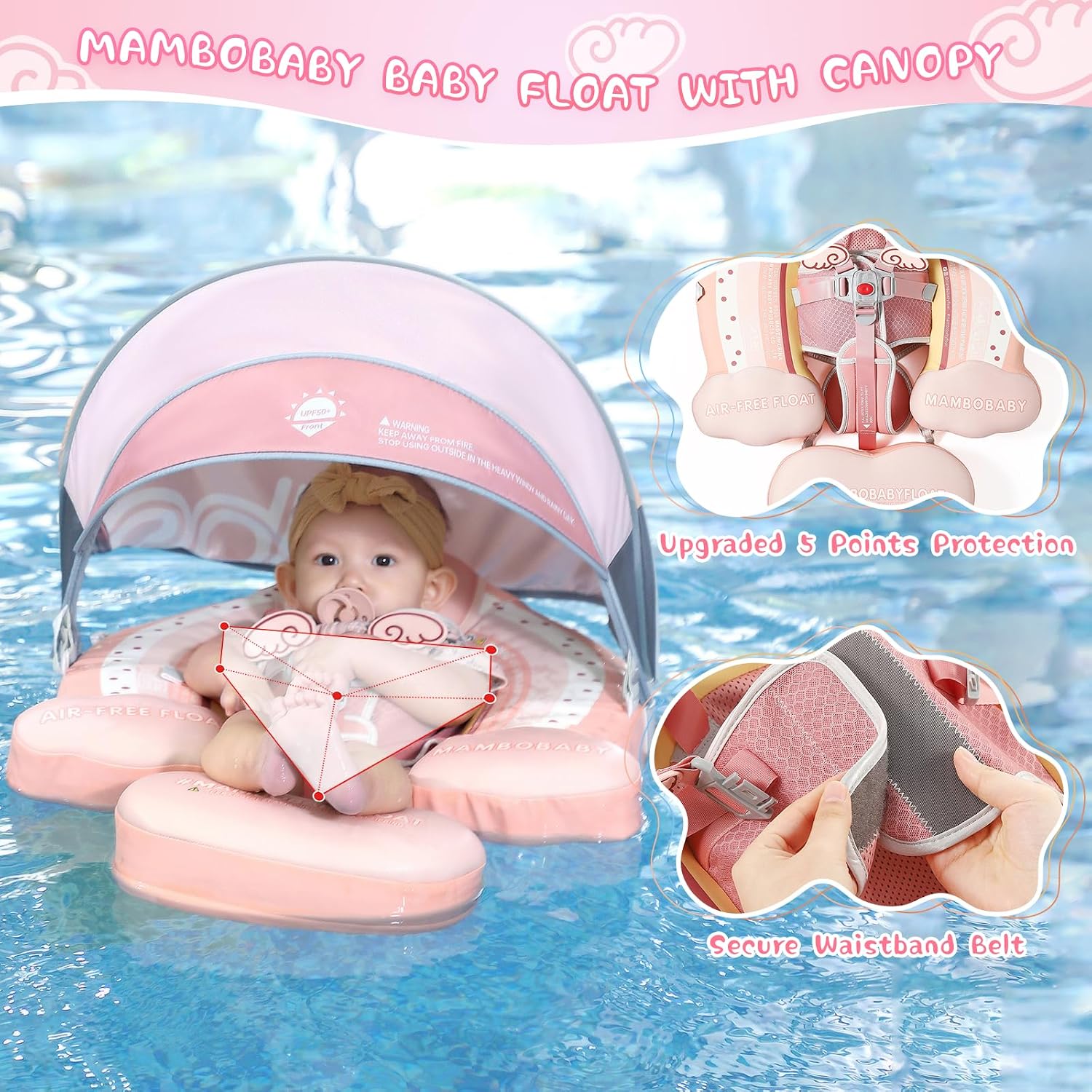 Mambobaby Baby Pool Float with Removable Sun Canopy - Non Inflatable Infant Swim Float with Anti-Flip Tail Design, Waterproof & Skin-Friendly Baby Float for Swimming (3-24 Months)