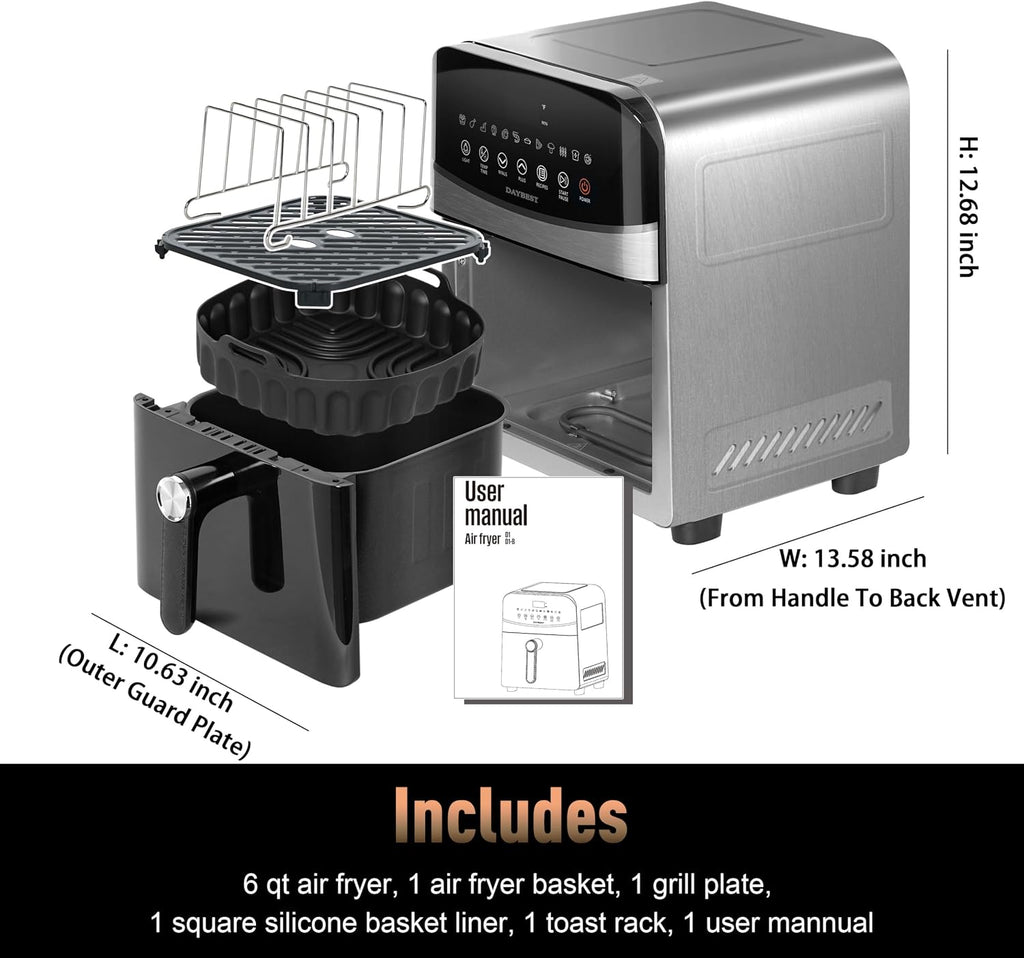 Stainless Steel Air Fryer Ceramic 12 in 1, Dual-Blazes in Steel Housing, 6QT 2-3 Servings Visible 8.27' Basket with Teflon-Free Premium Coating, 1700W, DAYBEST Dishwasher Safe Kits (Stainless Steel)
