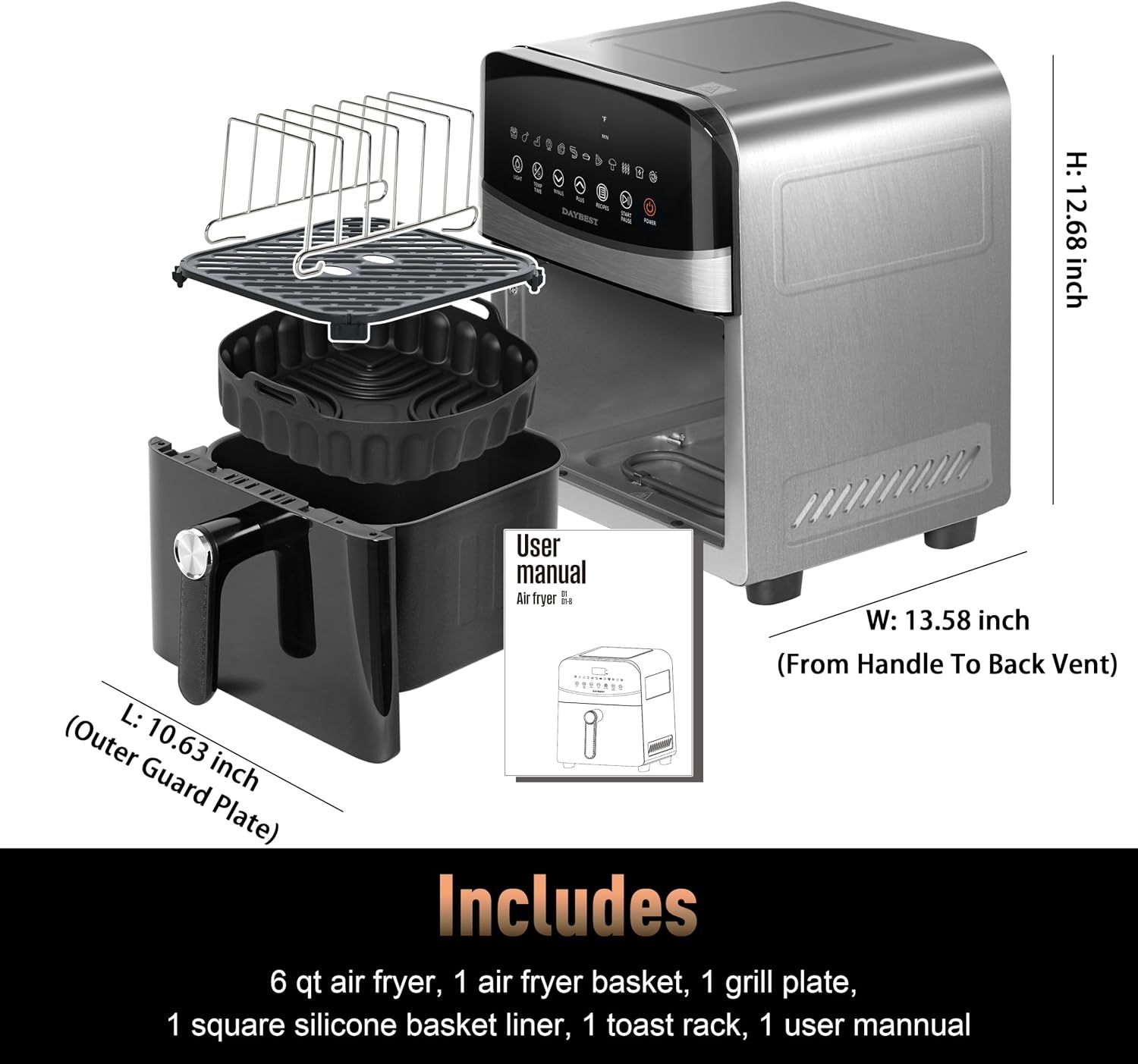 Stainless Steel Air Fryer Ceramic 12 in 1, Dual-Blazes in Steel Housing, 6QT 2-3 Servings Visible 8.27' Basket with Teflon-Free Premium Coating, 1700W, DAYBEST Dishwasher Safe Kits (Stainless Steel)