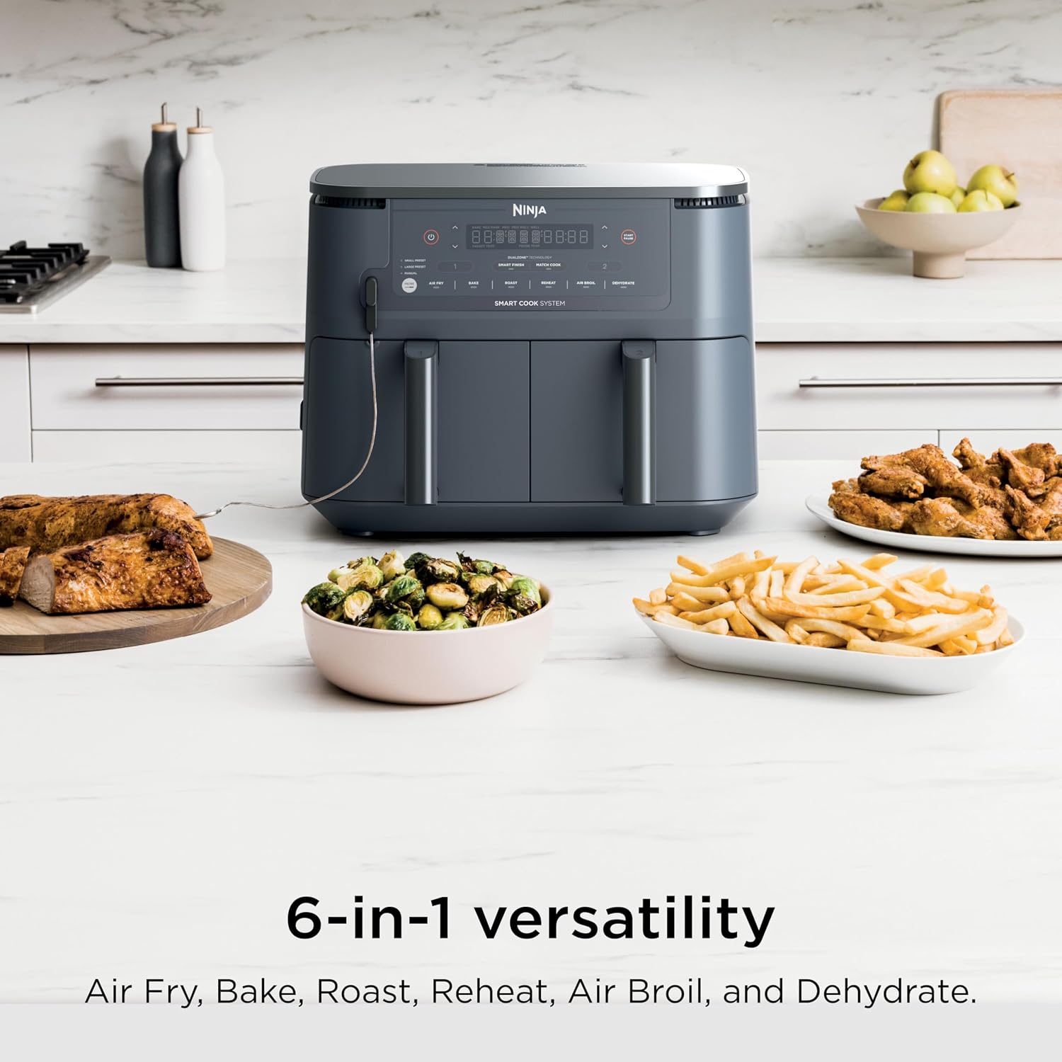 Ninja Foodi Air Fryer w/Smart Cook Thermometer | 6-in-1 Air Fry, Roast, Bake, Dehydrate & More | DualZone™ Match Cook & Smart Finish, 2 Independent Baskets | XL 10 Qt, Stainless Steel | Grey,DZ550GY