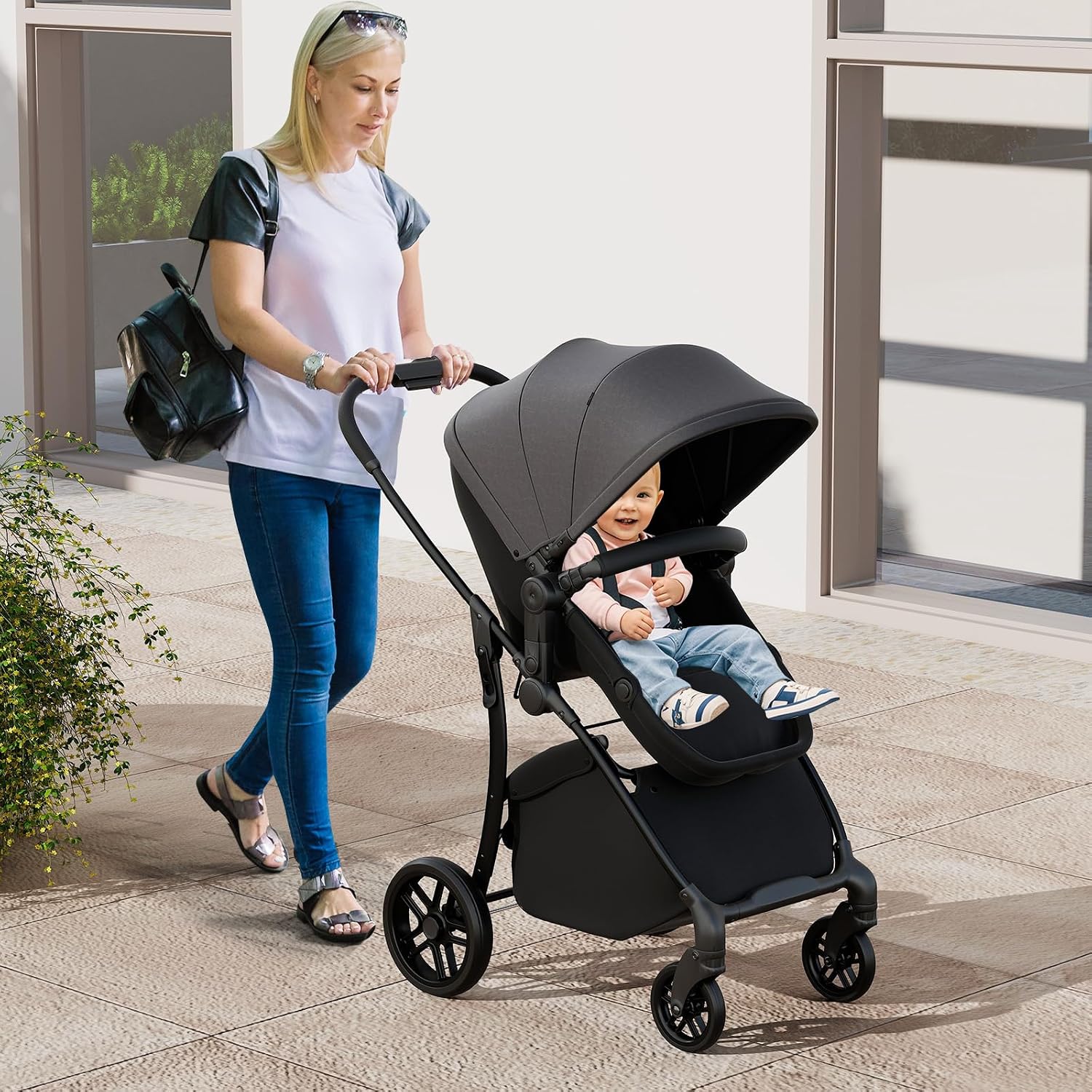 BABY JOY 2 in 1 Baby Stroller, High Landscape Convertible Bassinet Stroller with Reversible Seat, Adjustable Backrest & Canopy, Foldable Pushchair Pram Stroller for Newborn Toddler 0-36 Months (Gray)