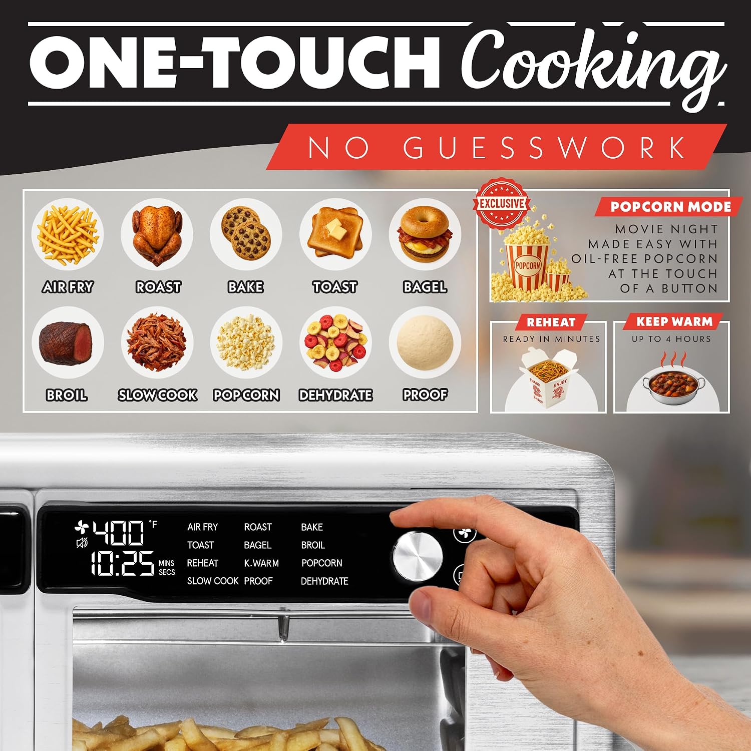 Gourmia French Door Air Fryer Oven - 37 Qt Large Capacity Convection Toaster Oven, FryForce 360°, Digital Display, 12 Cooking Presets, Dehydrate, Fits 13' Pizza, Dishwasher-Safe, Stainless Steel