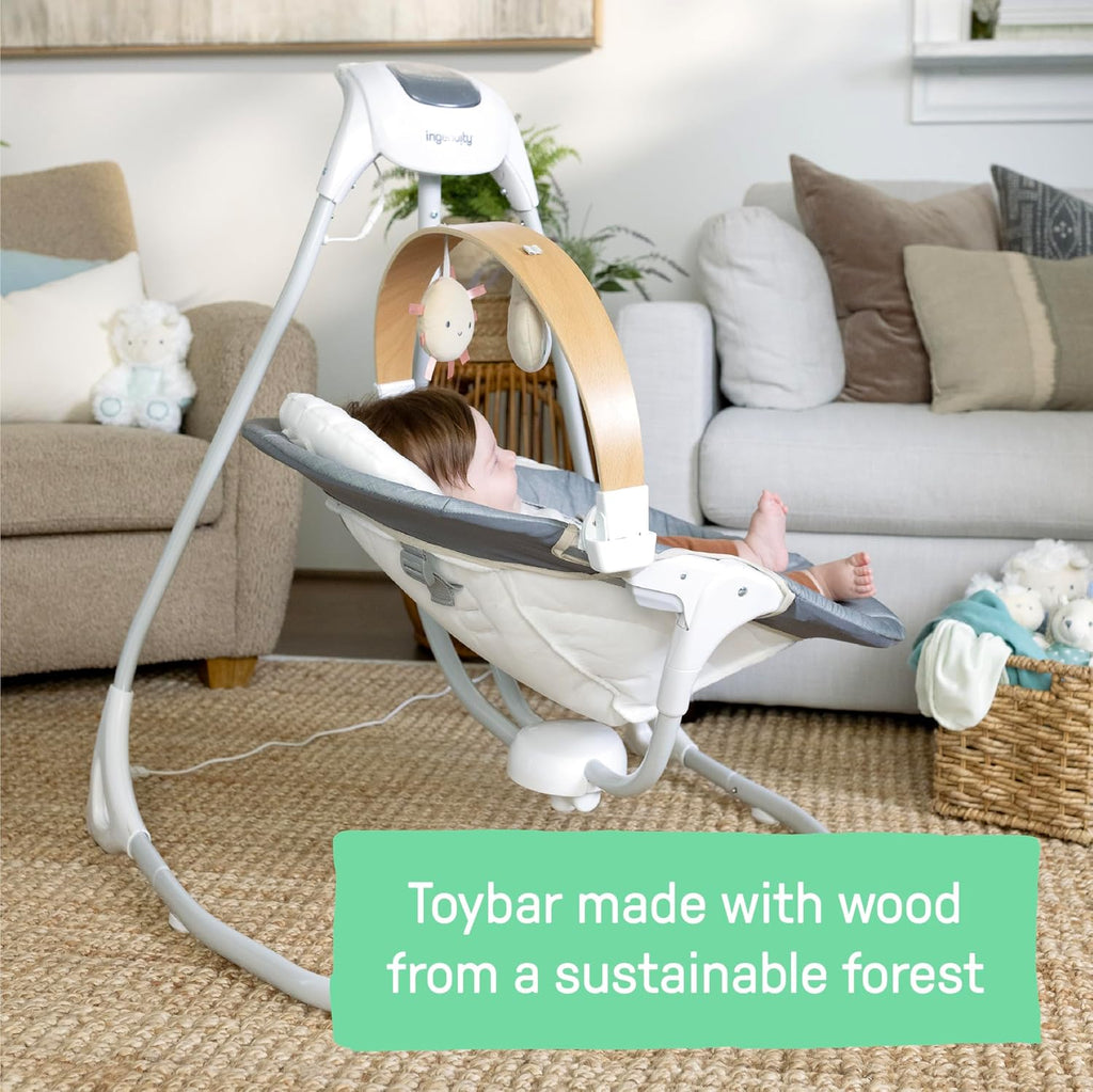 Ingenuity SimpleComfort Compact Baby Swing, Rotating Seat Swings in 3 Directions, 6 Speeds, 8 Melodies & 3 Nature Sounds, Ages 0-9 Months, Up to 20 Pounds - Parker