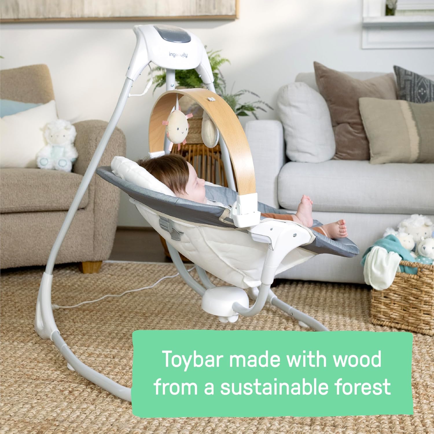 Ingenuity SimpleComfort Compact Baby Swing, Rotating Seat Swings in 3 Directions, 6 Speeds, 8 Melodies & 3 Nature Sounds, Ages 0-9 Months, Up to 20 Pounds - Parker