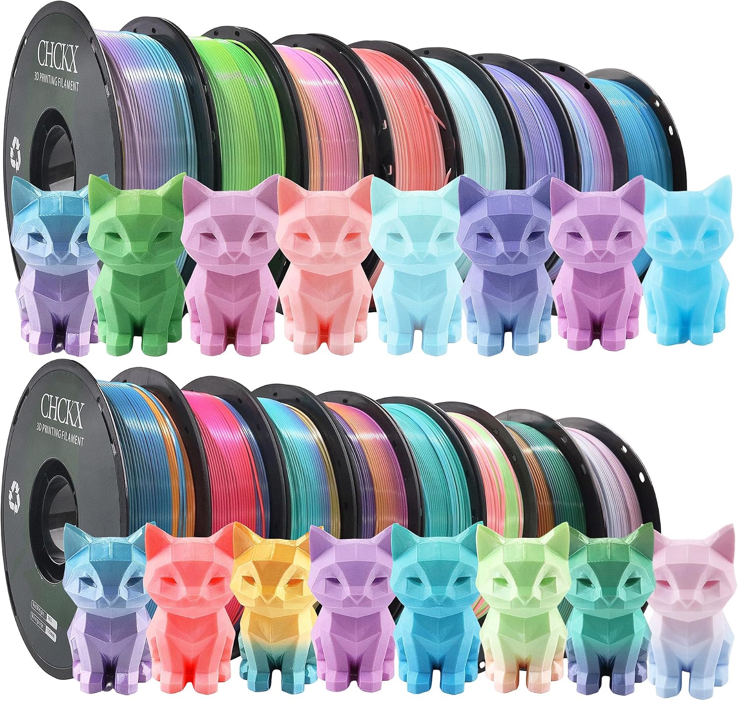 16 Pack Silk Rainbow PLA 3D Printer Filament Bundle, 16 Rolls,Dimensional Accuracy +/- 0.02 mm, 1kg (2.2lbs), 1.75 mm, Rainbow Candy,Blue Green,Red White,Blue White,Green, 16 Mix Rainbow Colors