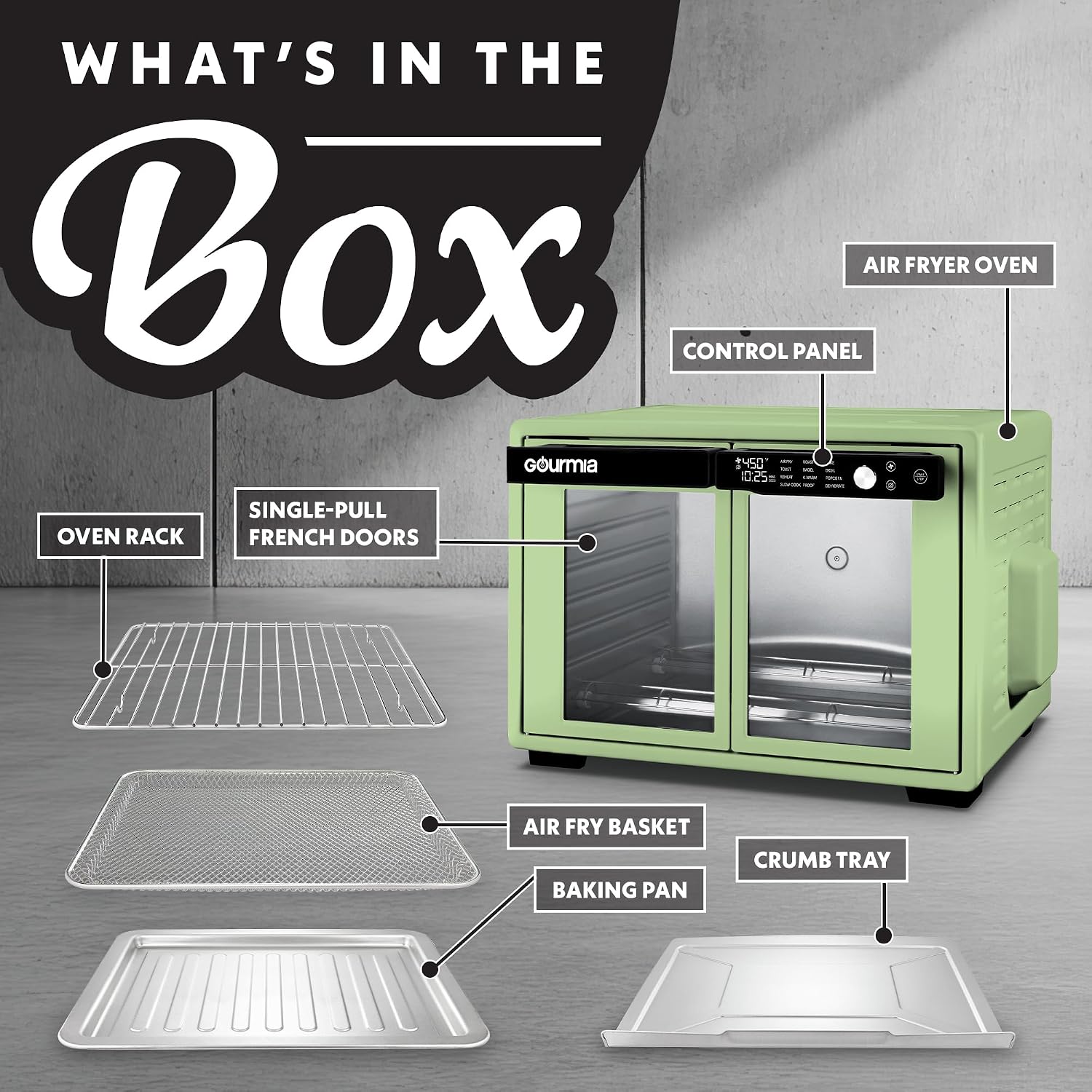 Gourmia French Door Air Fryer Oven - 37 Qt Large Capacity Convection Toaster Oven, FryForce 360°, Digital Display, 12 Cooking Presets, Dehydrate, Fits 13' Pizza, Dishwasher-Safe, Green