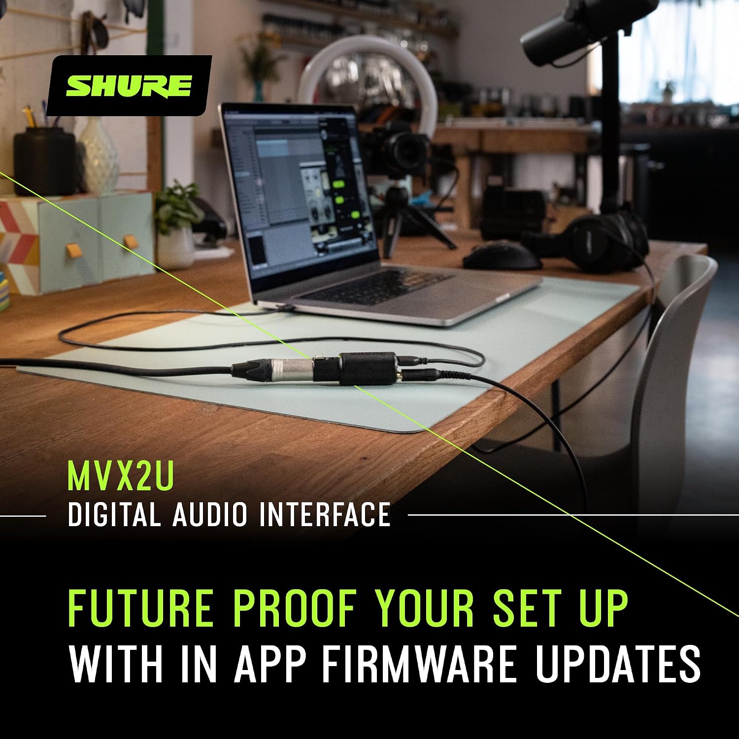 Shure MVX2U XLR-to-USB Digital Audio Interface, Headphone Jack, 60dB Gain, Zero-Latency Monitoring, 48V Phantom Power, ShurePlus App, USB-C Cable