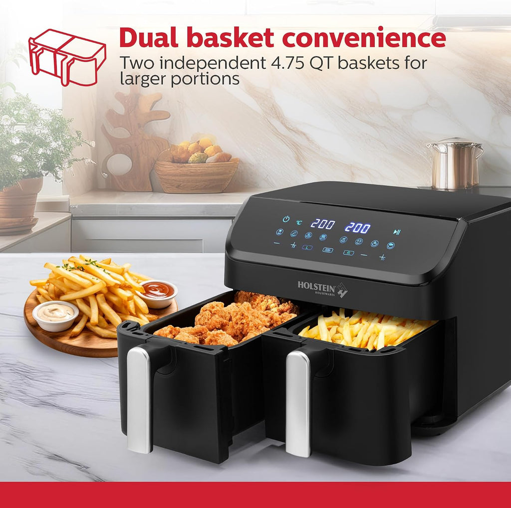 Holstein Housewares 9.5 QT Dual Basket Digital Air Fryer, Independent Controls - Non-Stick, Healthy Cooking with Less Oil, 8 Presets, Fry, Roast, Bake & Grill, LED Display & Dishwasher-Safe Parts
