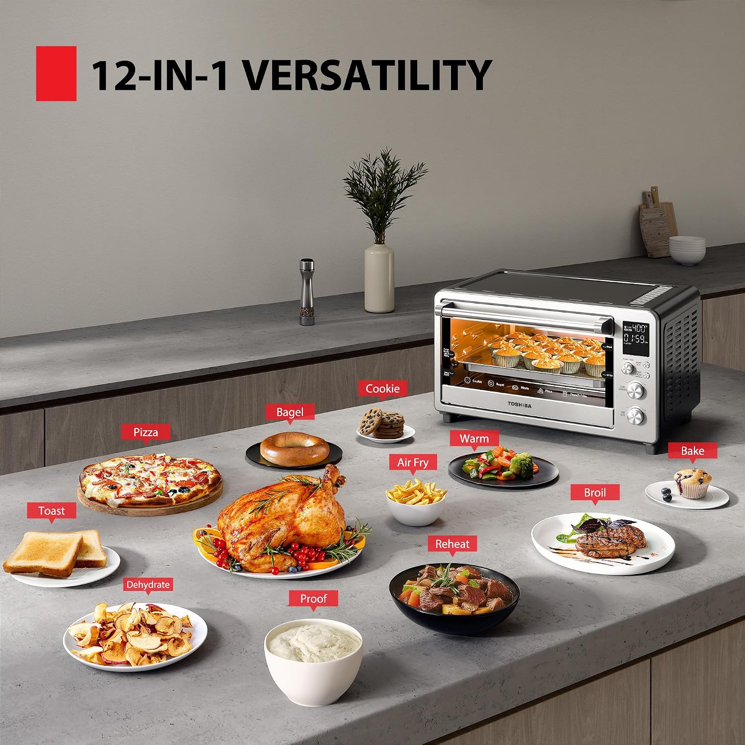 TOSHIBA ChefFry Air Fryer Toaster Oven Combo with Toast, Bake, Broil, Pizza & Dehydrate, 26.4-Quart Capacity, Stainless Steel