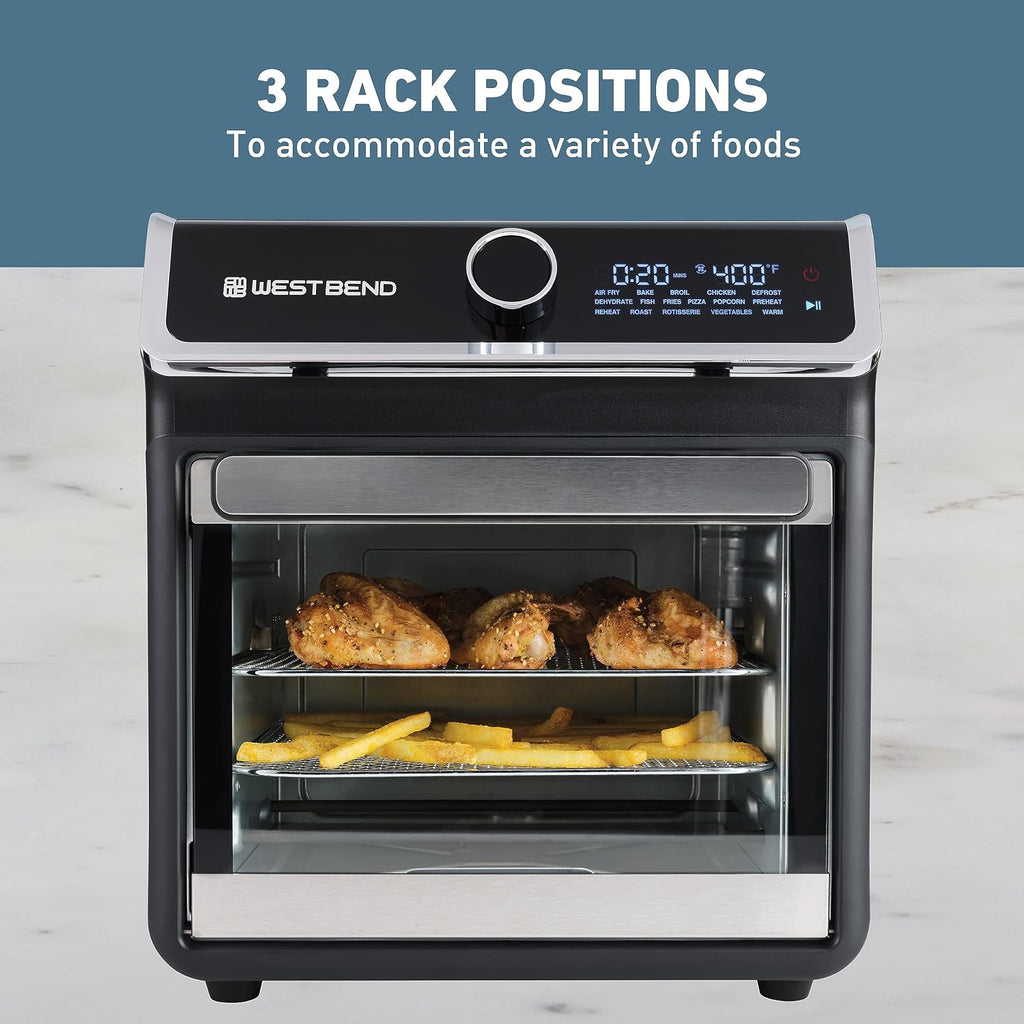 West Bend Air Fryer Oven 15-Quart Capacity with Digital Controls Easy-View Door and 16 Cooking Presets, Includes Eight Cooking Accessories, 1000-Watts, Black