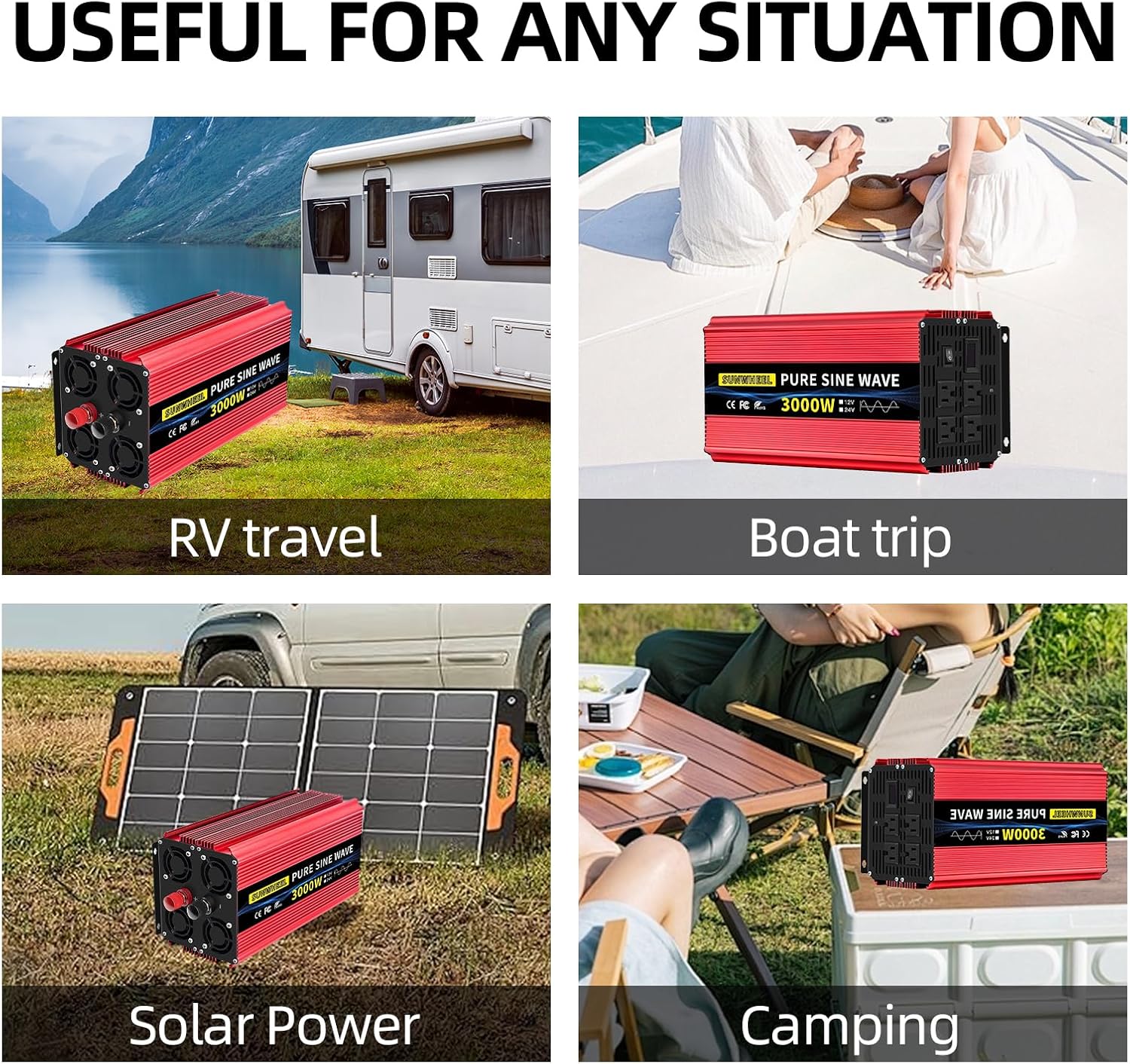 SUNWHEEL 3000W 24V Pure Sine Wave Inverter, 24V DC to 110V/120V AC Power Inverter for RV、Off Grid、Truck、Power Outage with 4 AC outlets and LCD Display