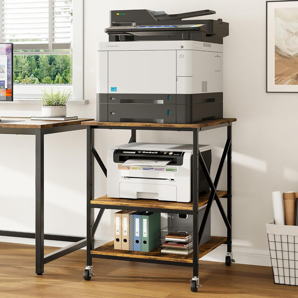 Warmiehomy 24'x24'x30' Large Printer Stand with Storage, 3 Tier Rolling Printer Cart Table, Mini Fridge Stand with Wheels, Use for 3D Laser Printer Home Office, Rustic Brown