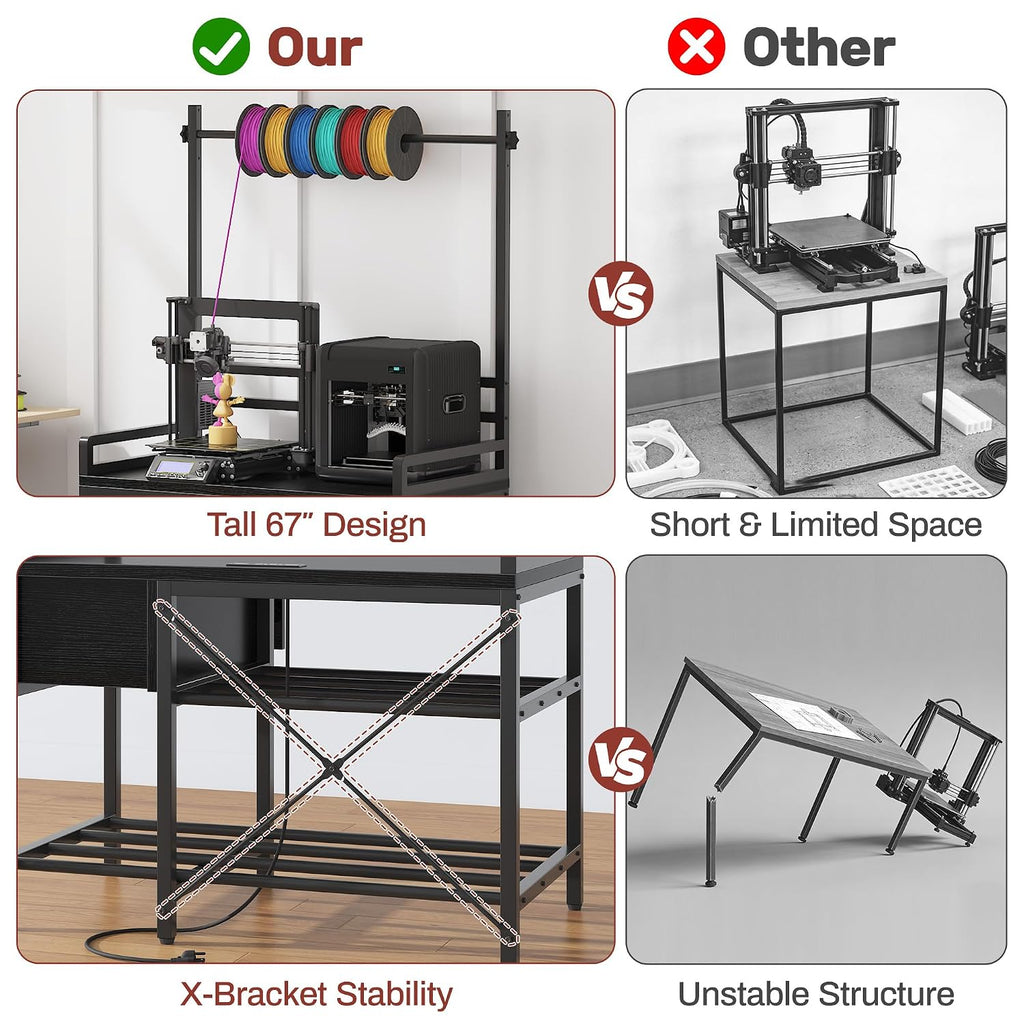 3D Printer Stand with Filament Storage – Tall 66' Heavy Duty Metal 3D Printer Table with Power Hub, Drawer & X-Bracket Stability for Workshop, Studio, Office