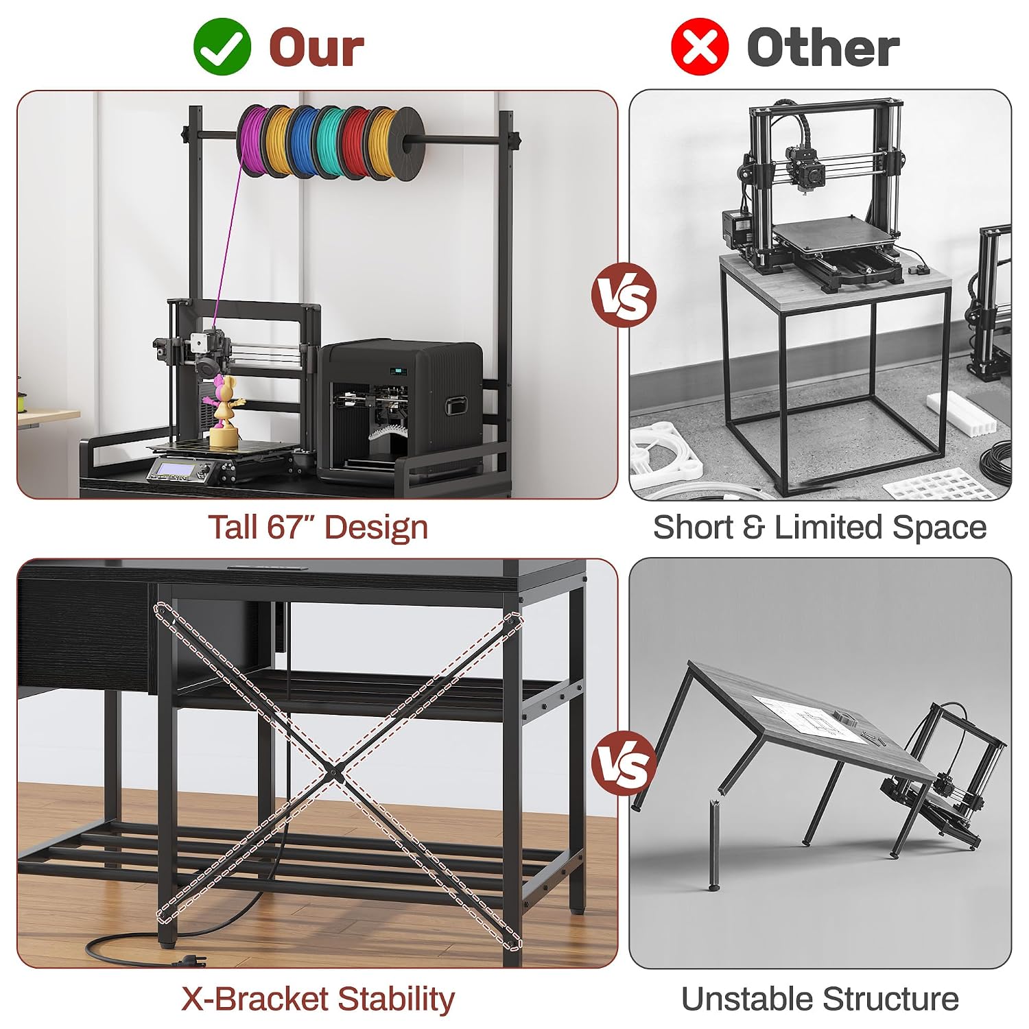 3D Printer Stand with Filament Storage – Tall 66' Heavy Duty Metal 3D Printer Table with Power Hub, Drawer & X-Bracket Stability for Workshop, Studio, Office