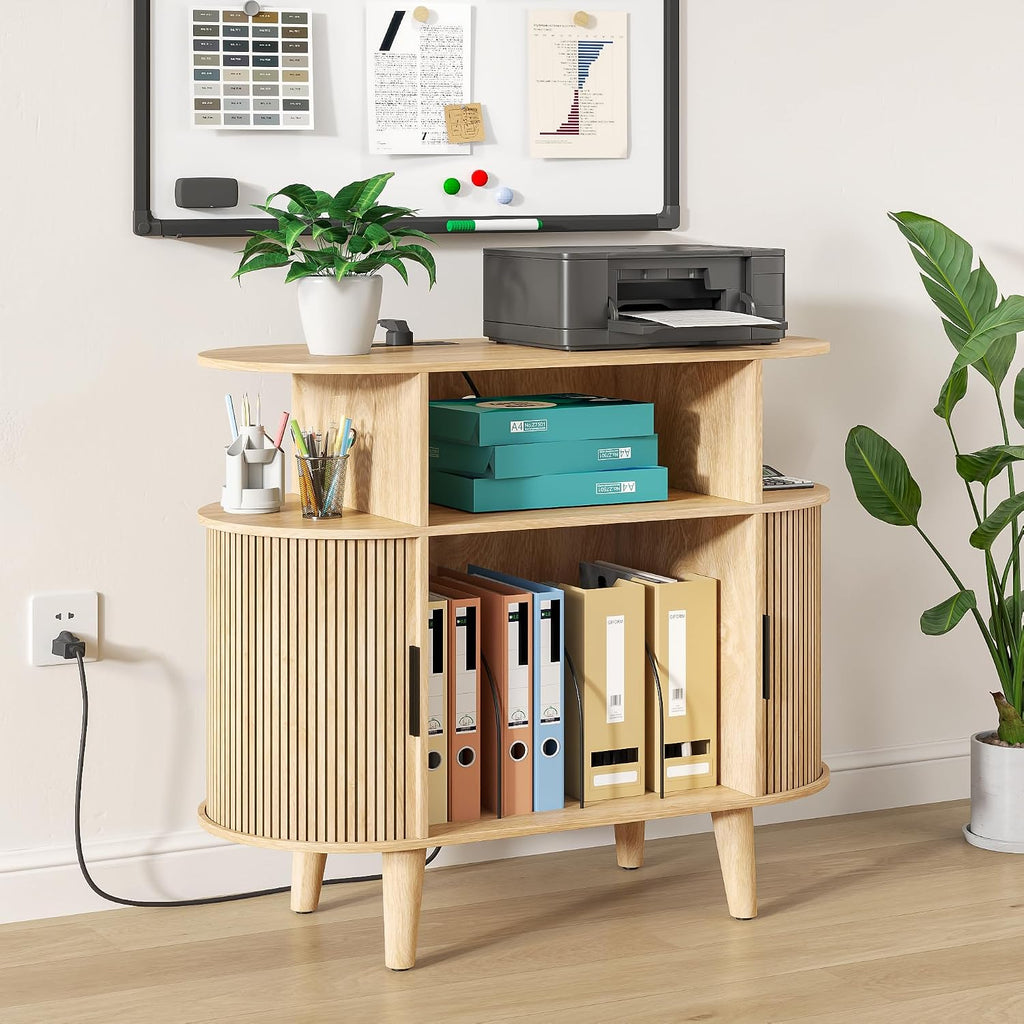 Fiogmub Round Printer Stand with Charging Station & USB Ports, 35.4 x15.7 x 30 Inches Large Printer Table 3 Tier with Storage Shelf for Home Office (Oak)