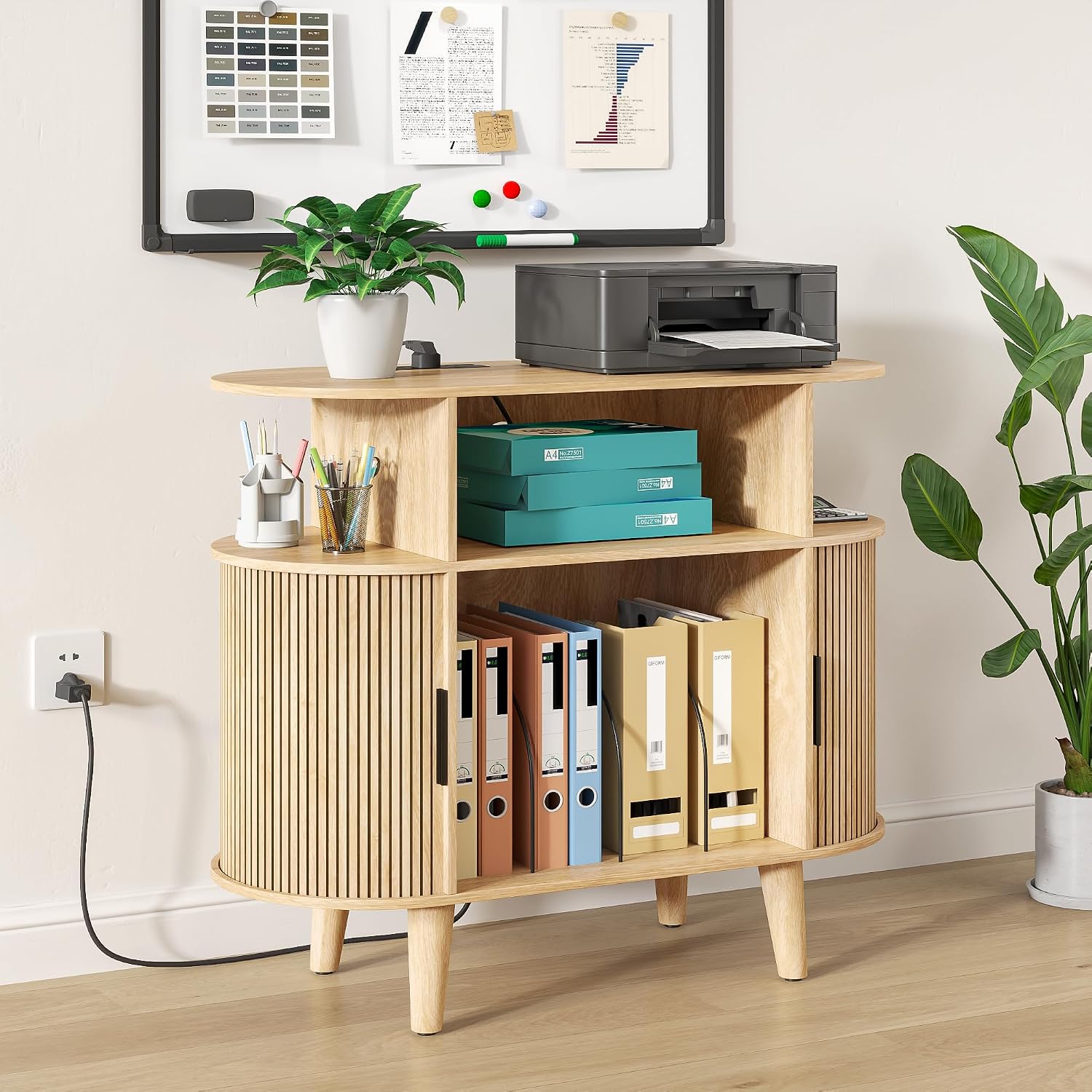 Fiogmub Round Printer Stand with Charging Station & USB Ports, 35.4 x15.7 x 30 Inches Large Printer Table 3 Tier with Storage Shelf for Home Office (Oak)