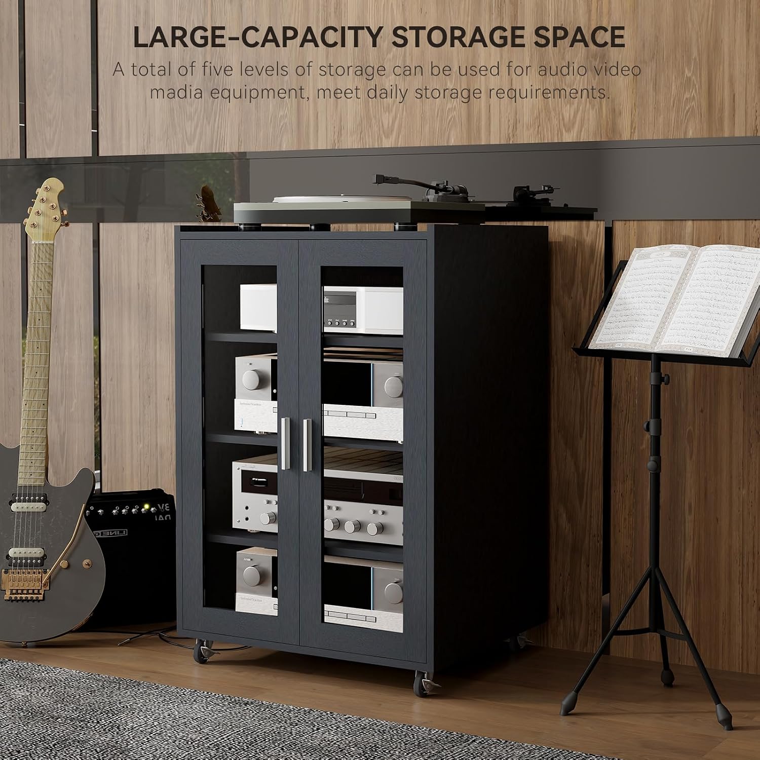 ELECWISH Media Storage Cabinet, Audio-Video Media Stand,Stereo Cabinet with 4 Height-Adjustable Shelves, AV Rack with Glass Doors for Meeting, Living, Recording Room