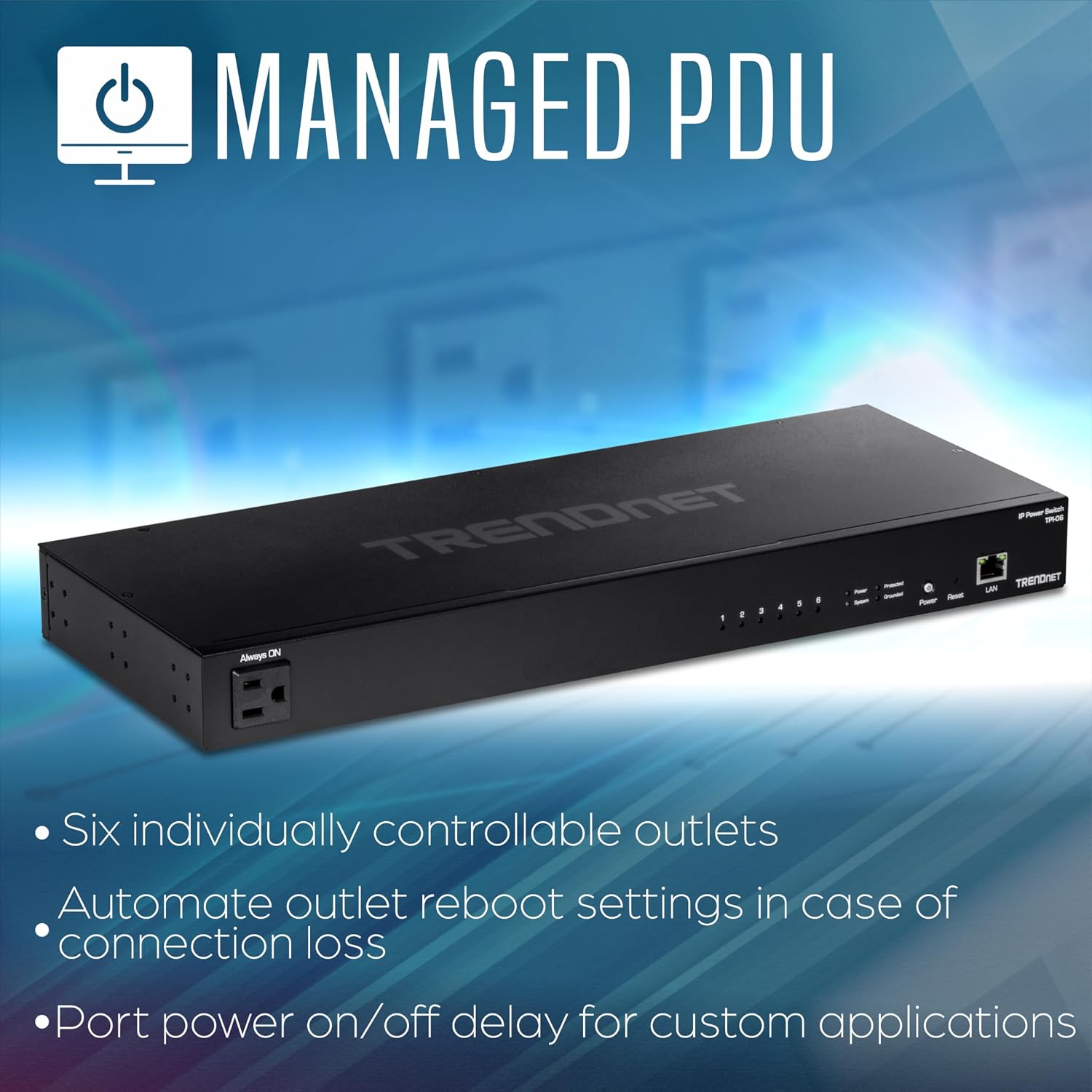 TRENDnet 6-Outlet Managed PDU, TPI-06, Rackmount Power Distribution Unit, UL Certified, 1 x NEMA 5-15R Bypass Power Outlet, 1 x Gigabit RJ-45 Port, Overload Protection, Surge Protection 2160J, Black