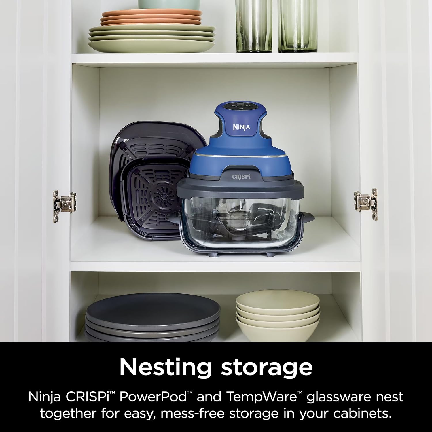 Ninja Crispi Air Fryer, Microwave, Freezer & Dishwasher Safe, Non Toxic Glass Portable Cooking System, 4 QT & 6 Cup Glass Containers with Storage Lids, Easy Meals, Air Fry, Bake, Blue (Renewed)