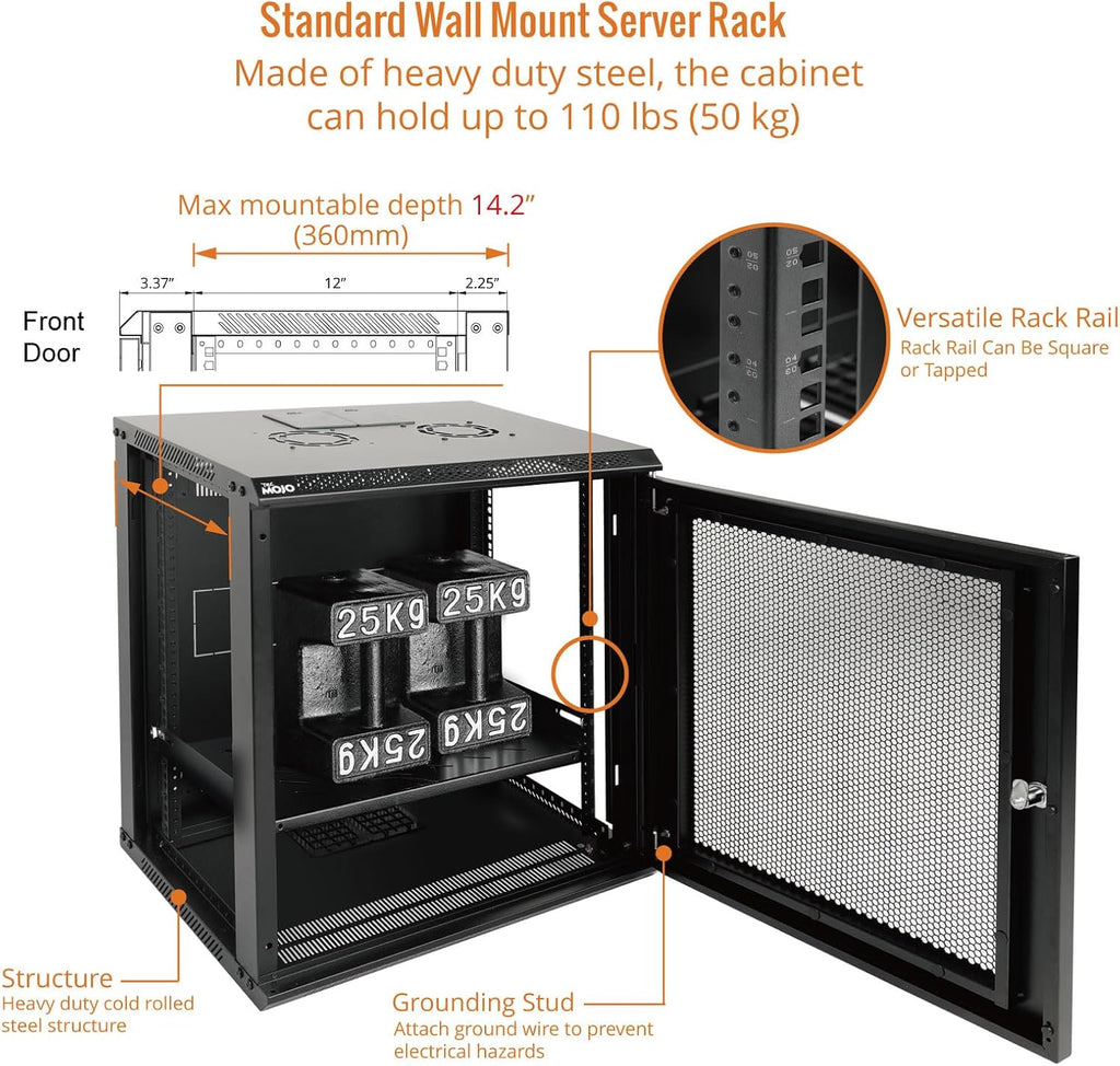 Tecmojo 12U Wall Mount Rack Network Cabinet for 19' IT Equipment,with Lockable Mesh Door and Removable Side Panels,Cooling Fan,Black,17.7inch Deep